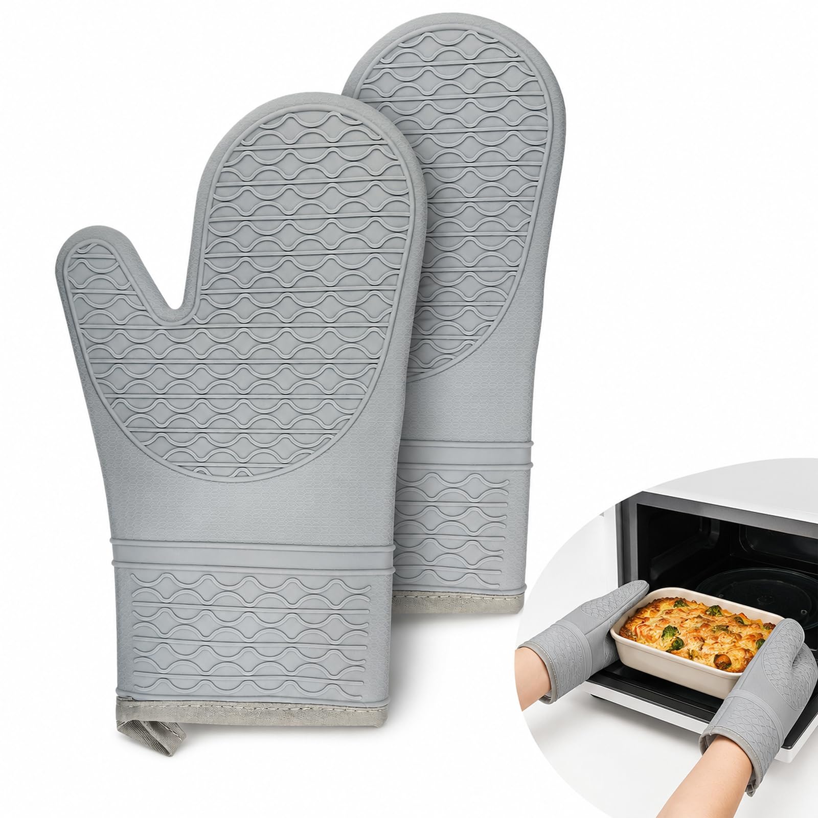 Silicone Oven Mitts, Anti-Slip Heat Resistant Oven Gloves, Withstand 500℉, Double Oven Gloves for Kitchen Cooking BBQ(Grey)