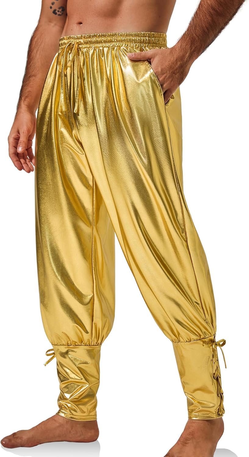 Runcati Mens Medieval Ankle Pants Renaissance Viking Pirate Lace Up Tapered Halloween Linen Costume Trousers