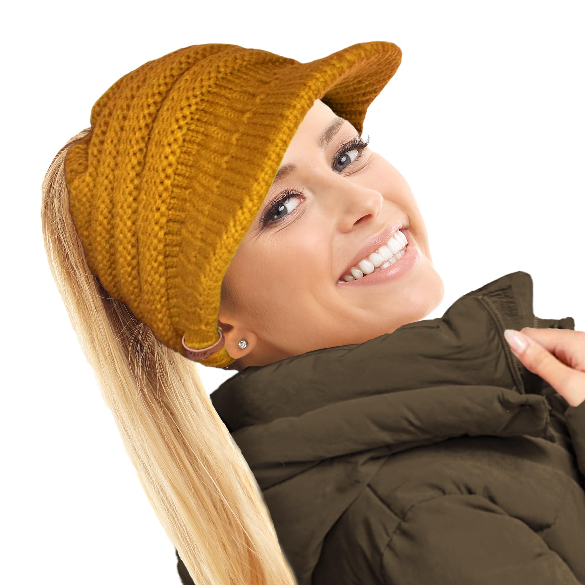 TOSKATOK Ladies Slouchy Peaked Ponytail Messy Bun Knitted Beanie Hat Cap-Mustard