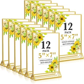 Acrylic Gold Sign Holders 5x7, 12 Pack Wedding Gold Table Number Holders, Double Sided Photo Display Picture Frame Paper Stand, Clear Flyer Stand Menu Holder for Wedding, Home, Party, Restaurant