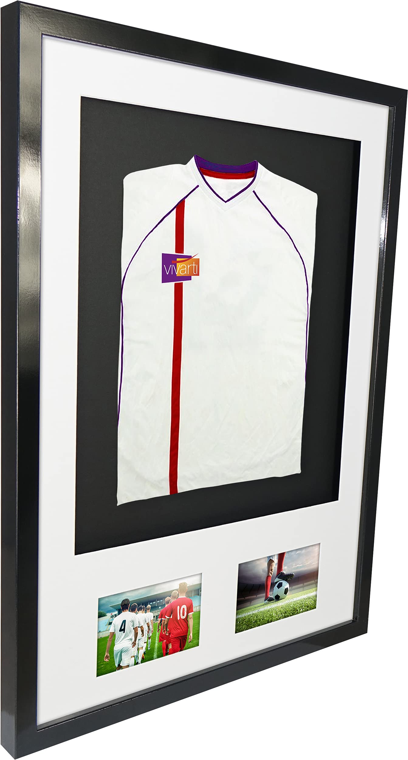 Vivarti DIY - Marco de visualización para camisa deportiva con doble apertura (50 x 70 cm), color negro brillante, soporte blanco, tarjeta trasera negra