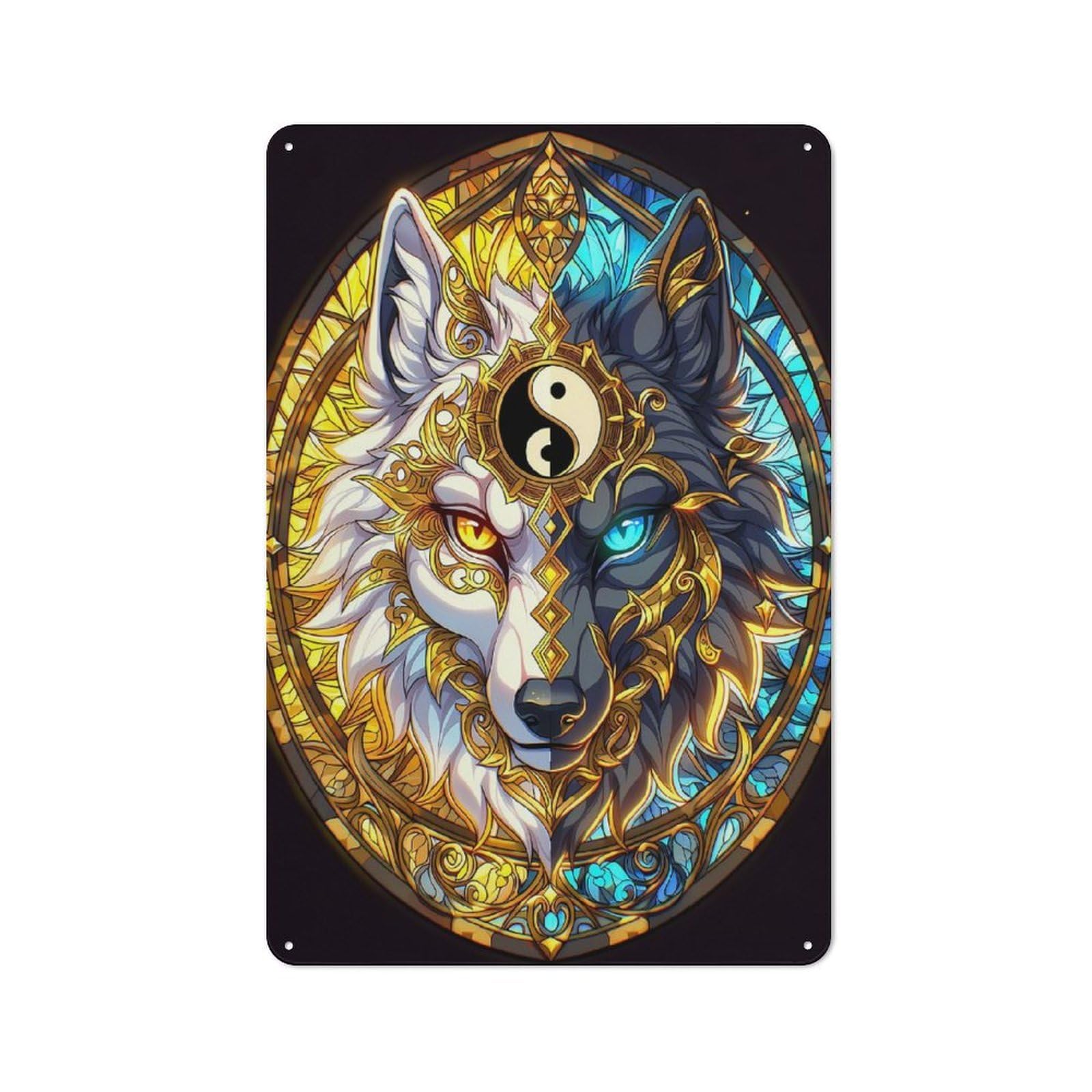Junmoney Style-19 Yin Yang Wolf Stained Glass Printed Metal Sign 30X20cm For Lounge Or Reading Corner, A Winter Wall Decor Update For Reading Corner Decorators