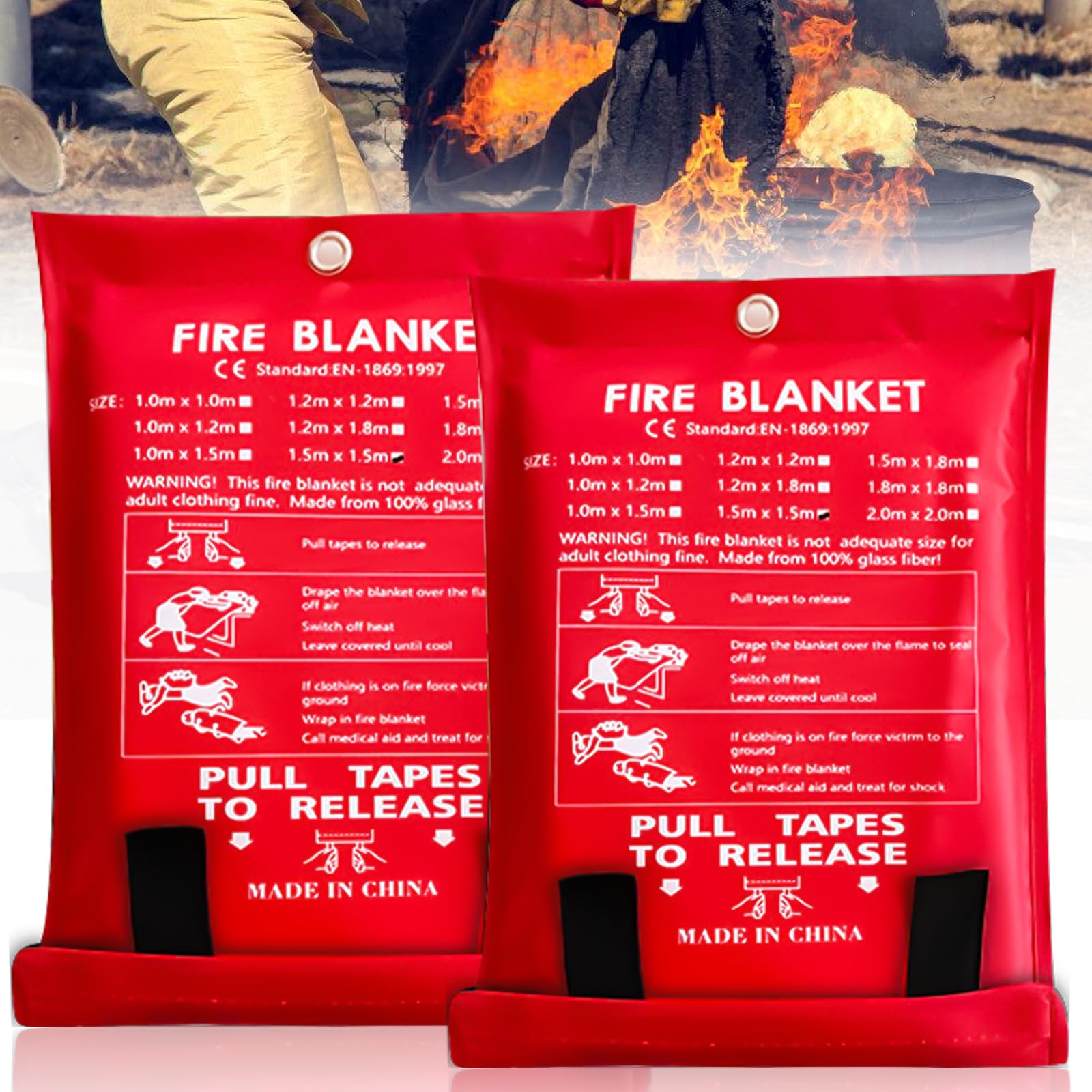 GAOUTO Lot de 2 couvertures Anti-feu, 150 x 150 cm, Couverture extinctrice réutilisable en Tissu de Fibre de Verre, sécurité pour la Cuisine, cheminée, Barbecue, Voiture, Camping, Maison, Caravane