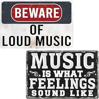 2Pcs 8x12 Inch Beware Loud Music Music Theme Tin Sign | Classic vintage music style tin plaque, decorative wall art for studio, bar and man cave hanging