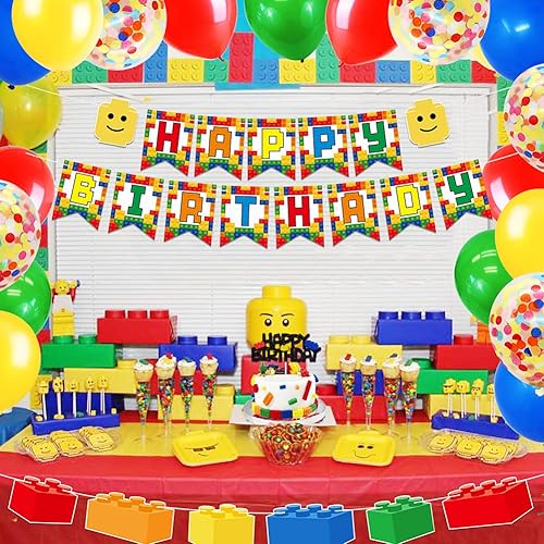Miniatura 7 de Paquete de decoraciones de fiesta de cumpleaños con temática de bloques de construcción, incluye pancartas y globos con purpurina para tartas,