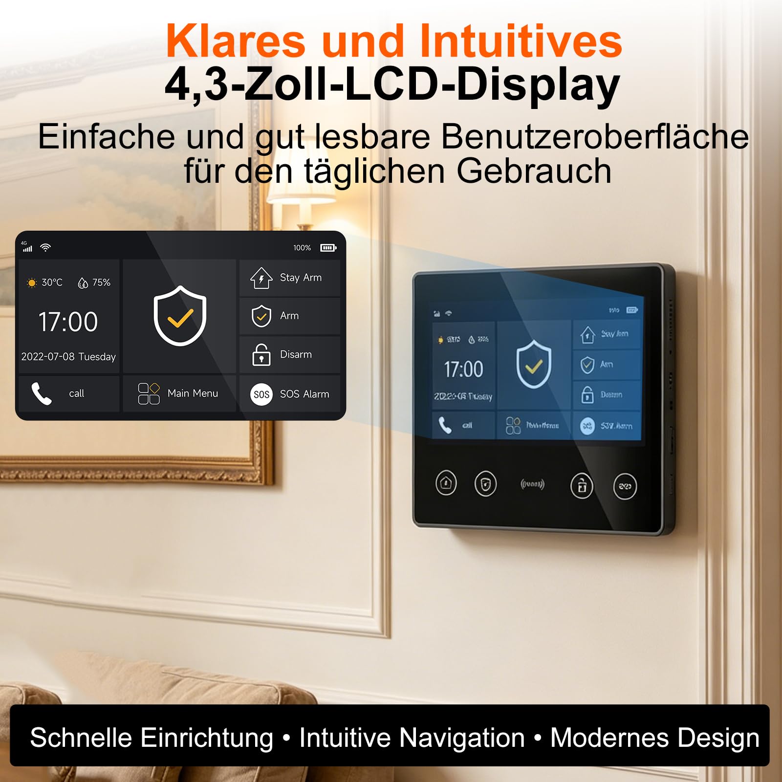 XUK 4,3'' Alarmanlage Haus & Wohnung ohne ABO, 4G + WLAN (2,4 GHz), Alarmsystem mit App, Alexa & Google kompatibel, erweiterbar (13-teiliges Set)