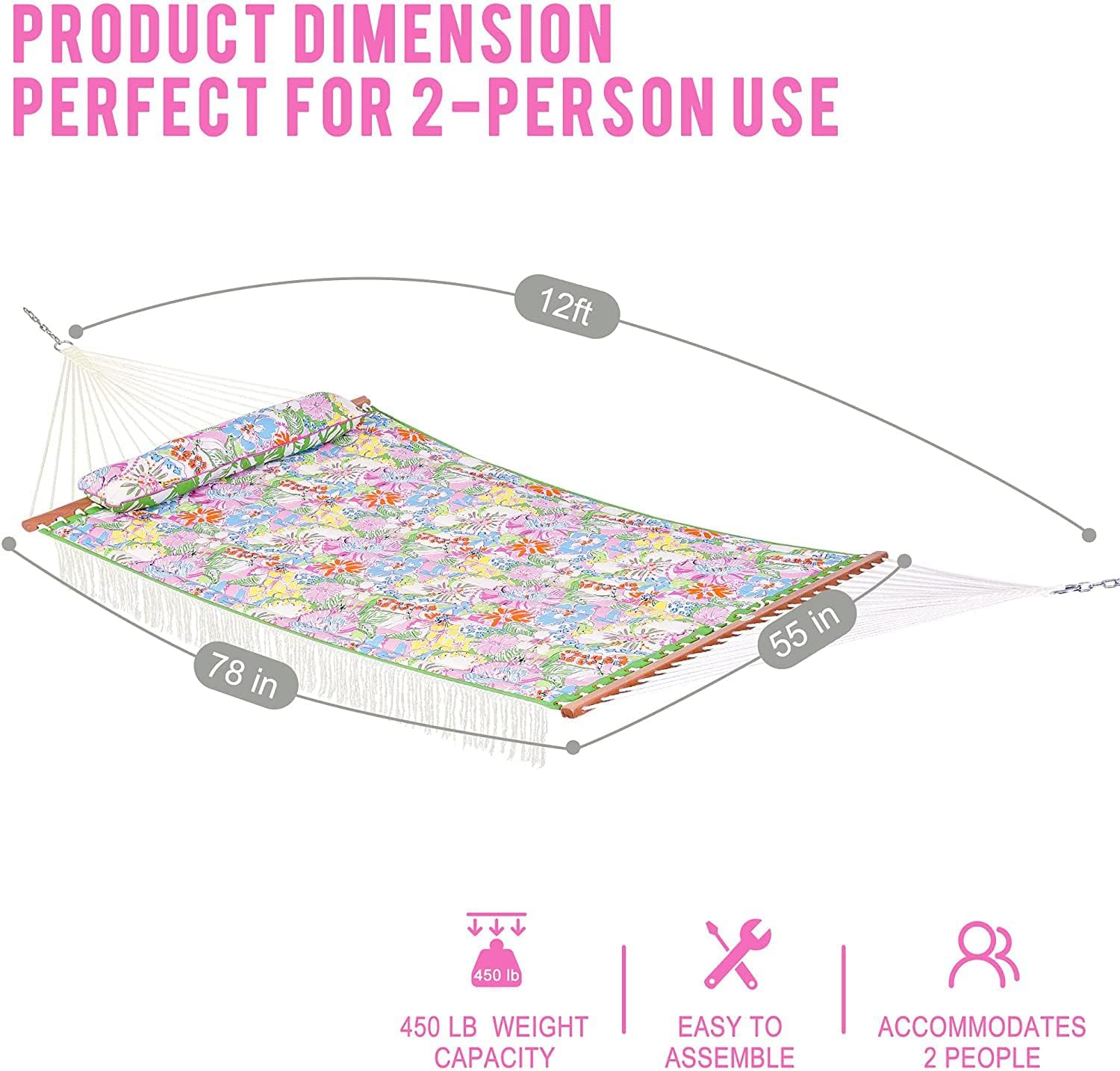 Lazy Daze Hammocks 12 FT Double Quilted Fabric Hammock with Extra Large Soft Pillow and Carrying Bag, 2 Person Outdoor Hammock with Spread Bar and Elegant Tassels, Heavy Duty 450 lbs Capacity, Floral