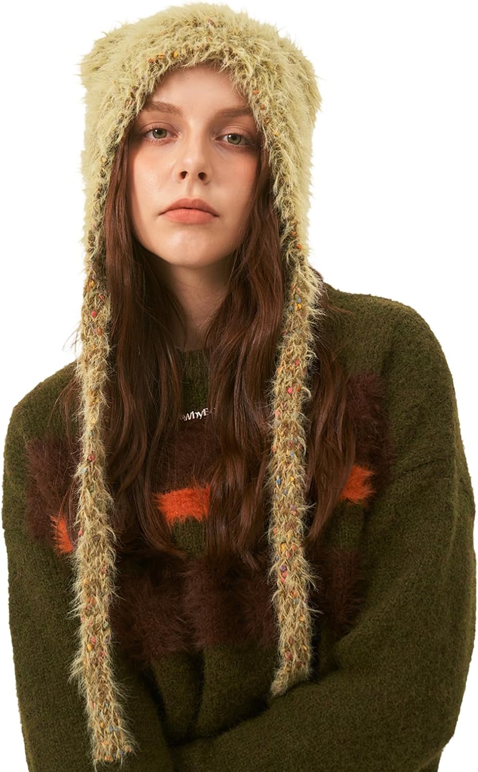 LumiSyne Winter Hat Cute Cat Ear Shape y2k Style Furry Knit Earflap Hat with Long Ear Straps Peruvian Cover Ear Beanie Hat