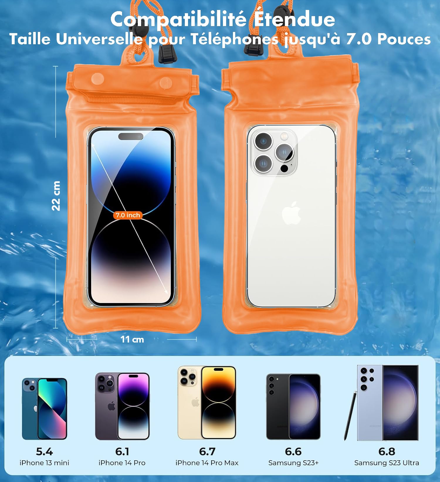 Pochette étanche IPX8 Pour Smartphone – Jusqu’à 7,5 Pouces, Avec Dragonne, Pour Natation, Plage !