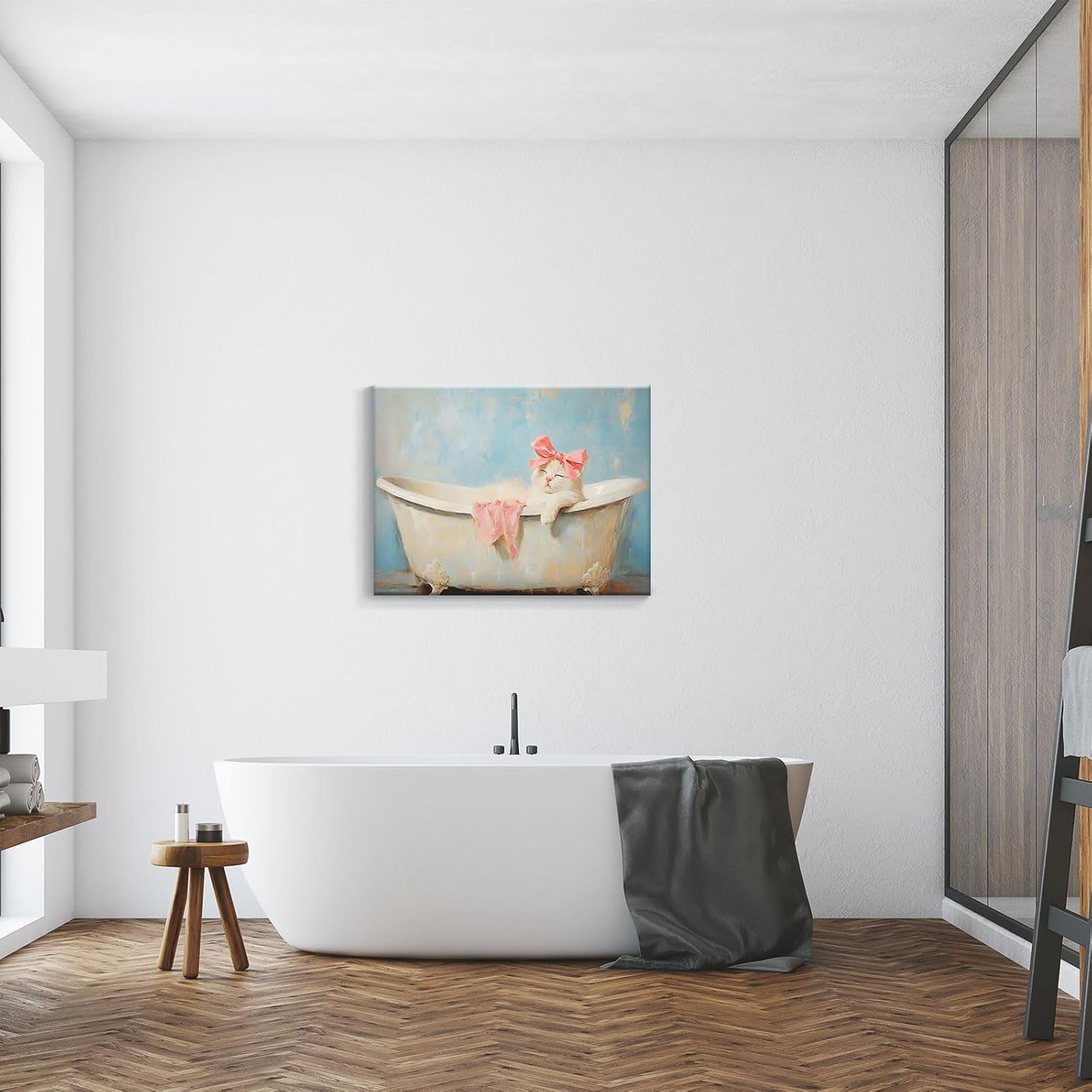 Funny Bathroom Canvas Wall Art Cute Cat Posters Pink Bow Print Trendy Minimalist Animal Painting Vintage Cat In The Bathtub Wall Decor For Restroom Toilet Washroom 16x24in Framed