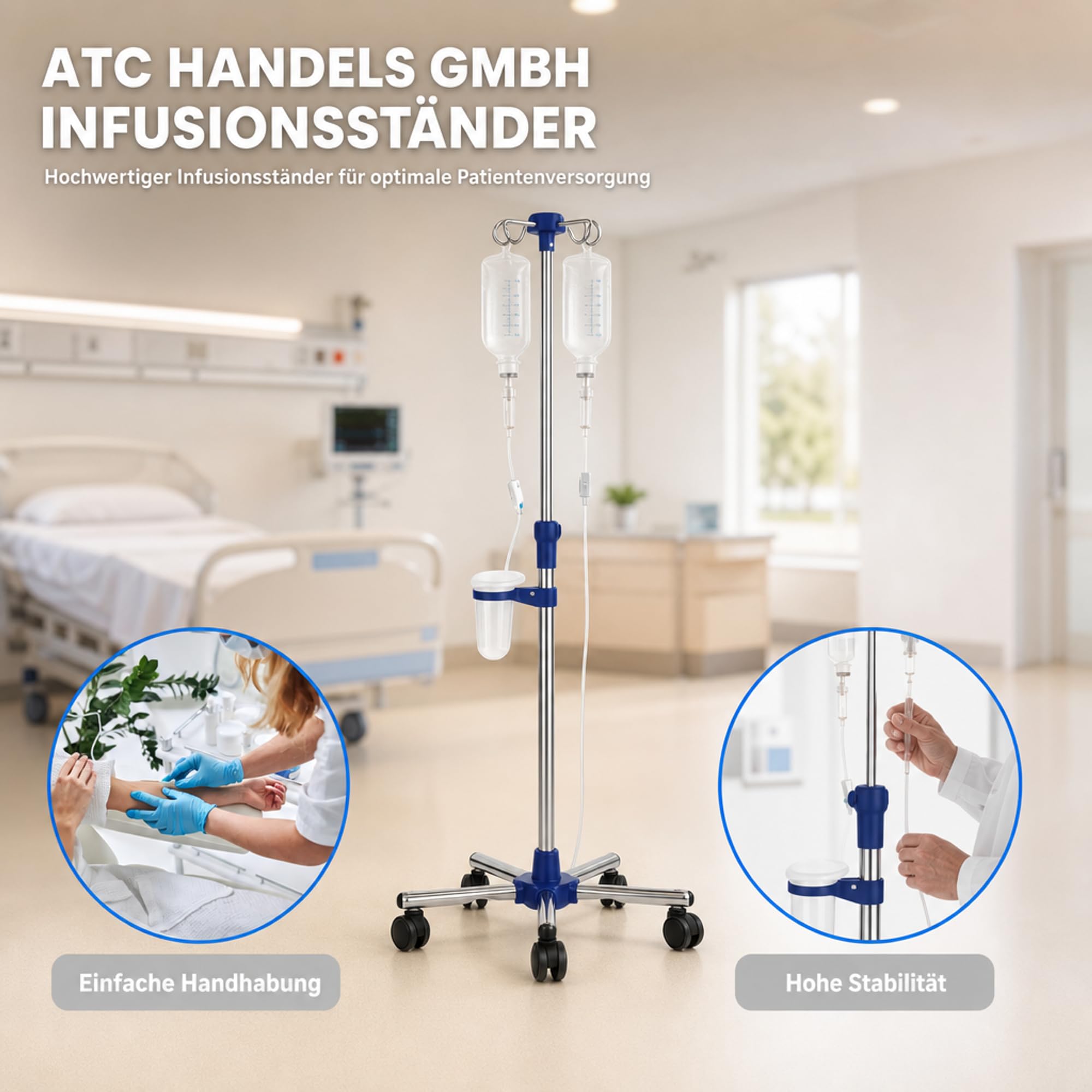 ATC Handels GmbH Infusionsständer verchromt mit 4 Haken und Kunststoff-Fußteil – höhenverstellbar & stabile Rollen