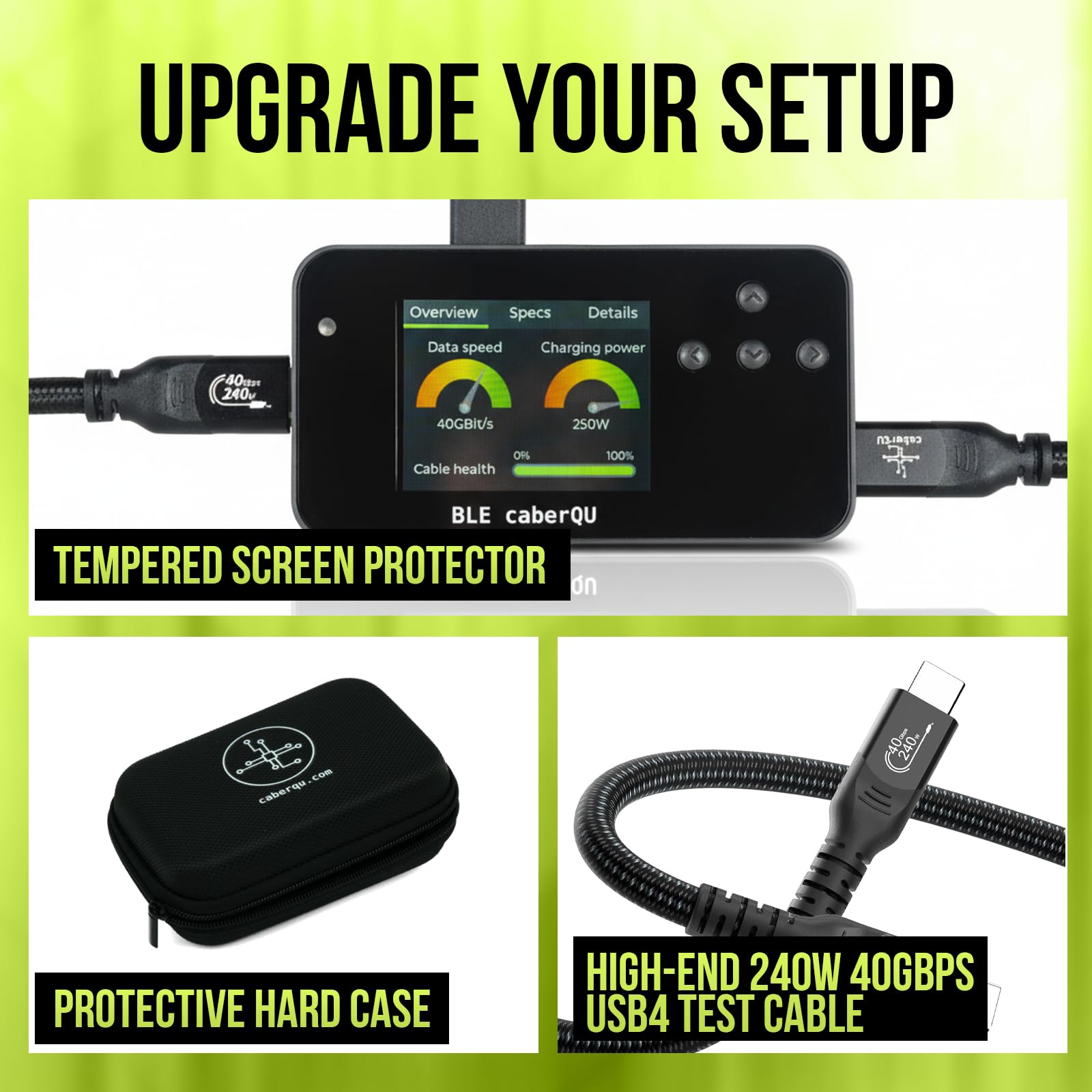 BLE caberQU Testeur de câble numérique USB C PD 3.0/3.1/3.2 eMarker 25 broches Continuité Broches USB 2/3/4 Résistance de câble iOS & Android App (BLE caberQU Kit de sécurité