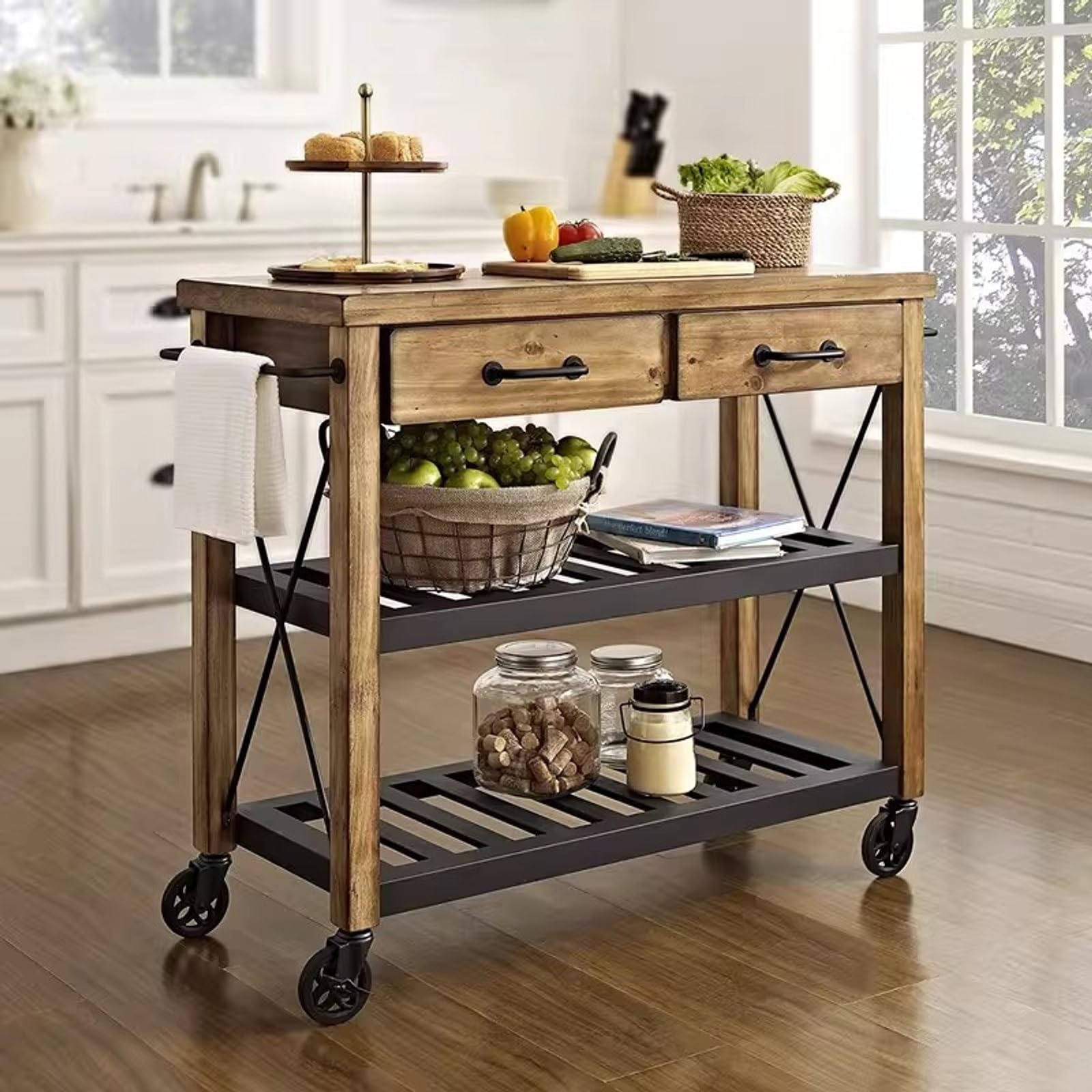 Zf9tBw5sH Unità cucina ad isola Carrello da cucina in legno rustico, isola con rotelle, cassetti e ripiani