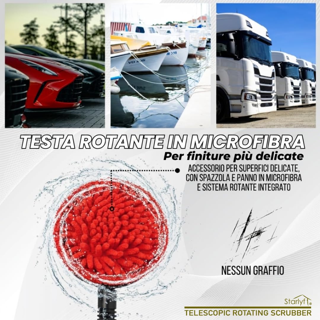 STARLYF Telescopic Rotating Scrubber - Spazzola di pulizia girevole a pressione dell'acqua, estensibile fino a 3,6 m - 2 teste per finestre, pavimenti, auto, barche