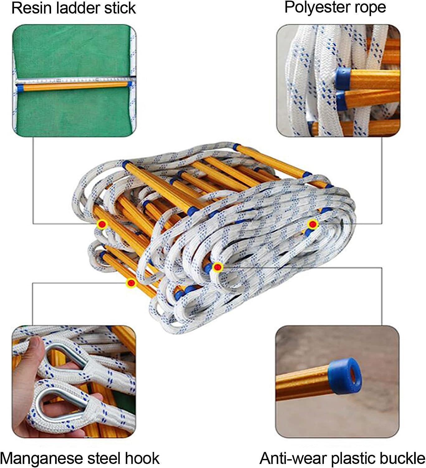 Escalera de Cuerda de Emergencia contra Incendios, 5 m, Nailon Suave, ignífuga, Ideal para Escalada en Roca, fácil de Guardar, Disponible en Longitudes de hasta 20 m.