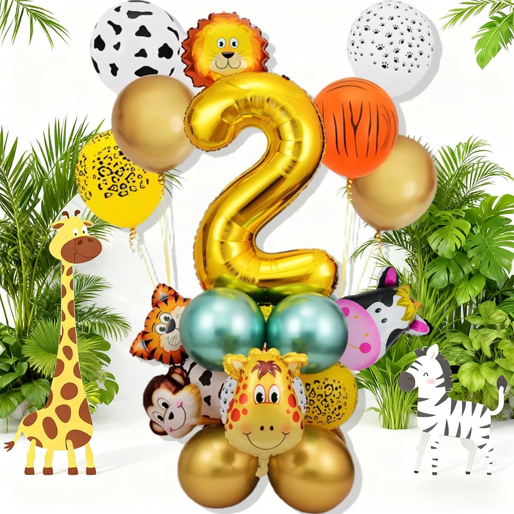 Birthday Decorations Boy, Animal Balloons, Safari Party Decorations, 32 Inch Gold Number 2 Balloon with Tiger Lion Giraffe Monkey Cow Foil Balloons & 12 Inch Latex Balloon for Jungle Theme Party