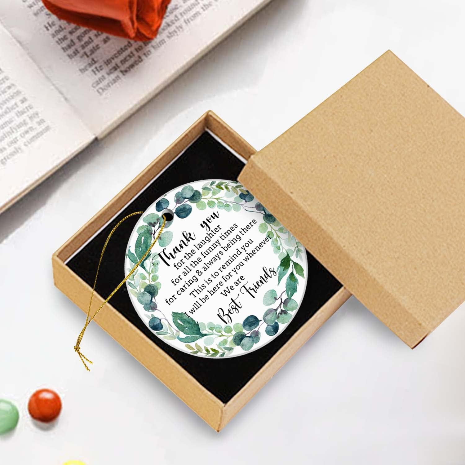 Christmas Ornaments Gift Keepsake Christmas Ornament Thank You Gifts Xmas Tree Decorations Ceramic Round Ornament with Gift Box 2.95in(Thank You for The Laughter for All Funny Times Best Friends) - Image 2