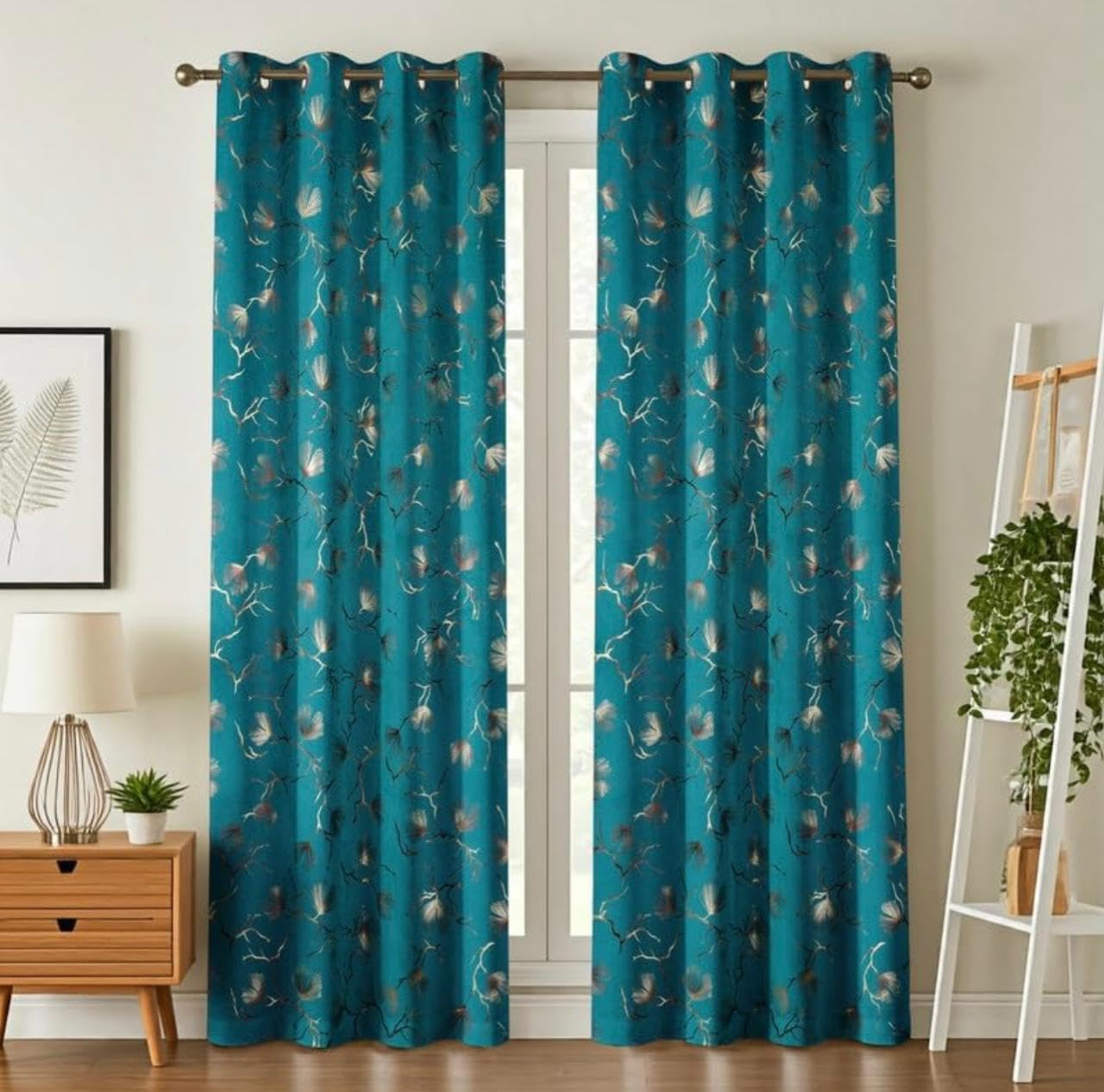 Room Darkening Velvet Curtain 7Ft Door | Floral Pattern 1 Piece | Premium Printed Curtains Home Bedroom Living Room | Decorative Ready to Hang Panels (Teal Blue)