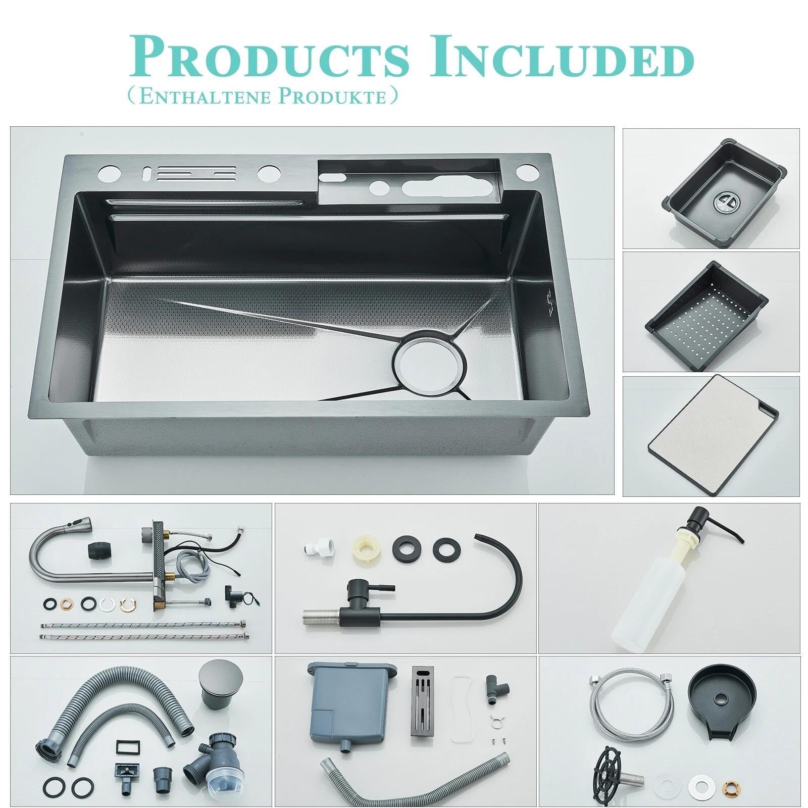 Evier de cuisine Noir Acier inoxydable Evier de cuisine avec Robinet Extensible Set de Robinetterie Machine à Laver Les Tasses Planche à découper Eau Pure Affichage de La Température