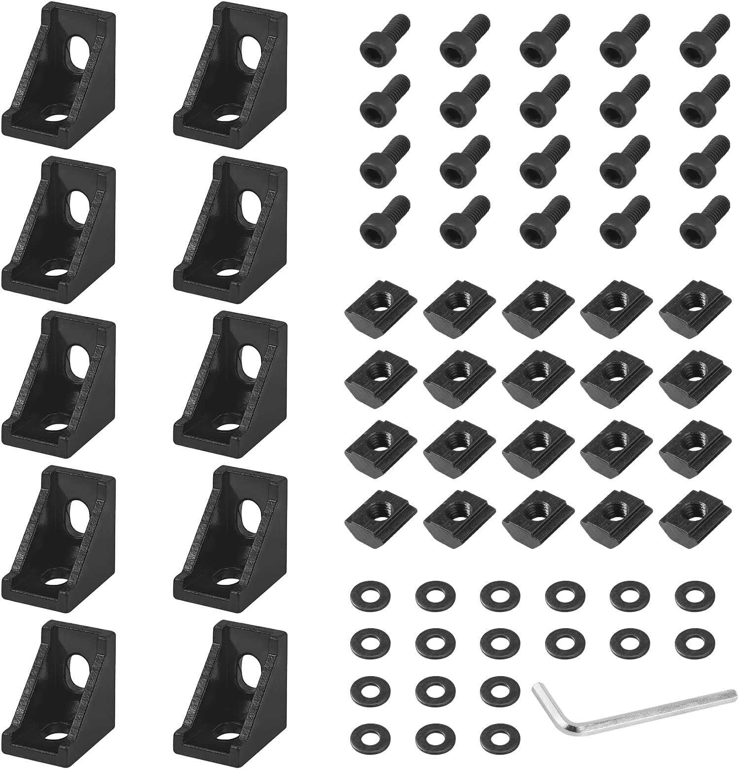 EYPINS 10-Pack 2020 Series Black Aluminum Corner Brackets - 90-Degree L-Shape Extrusion Connectors with M5x10 Hex Bolts & T-Nuts for 2020 Profiles (6mm Slots)