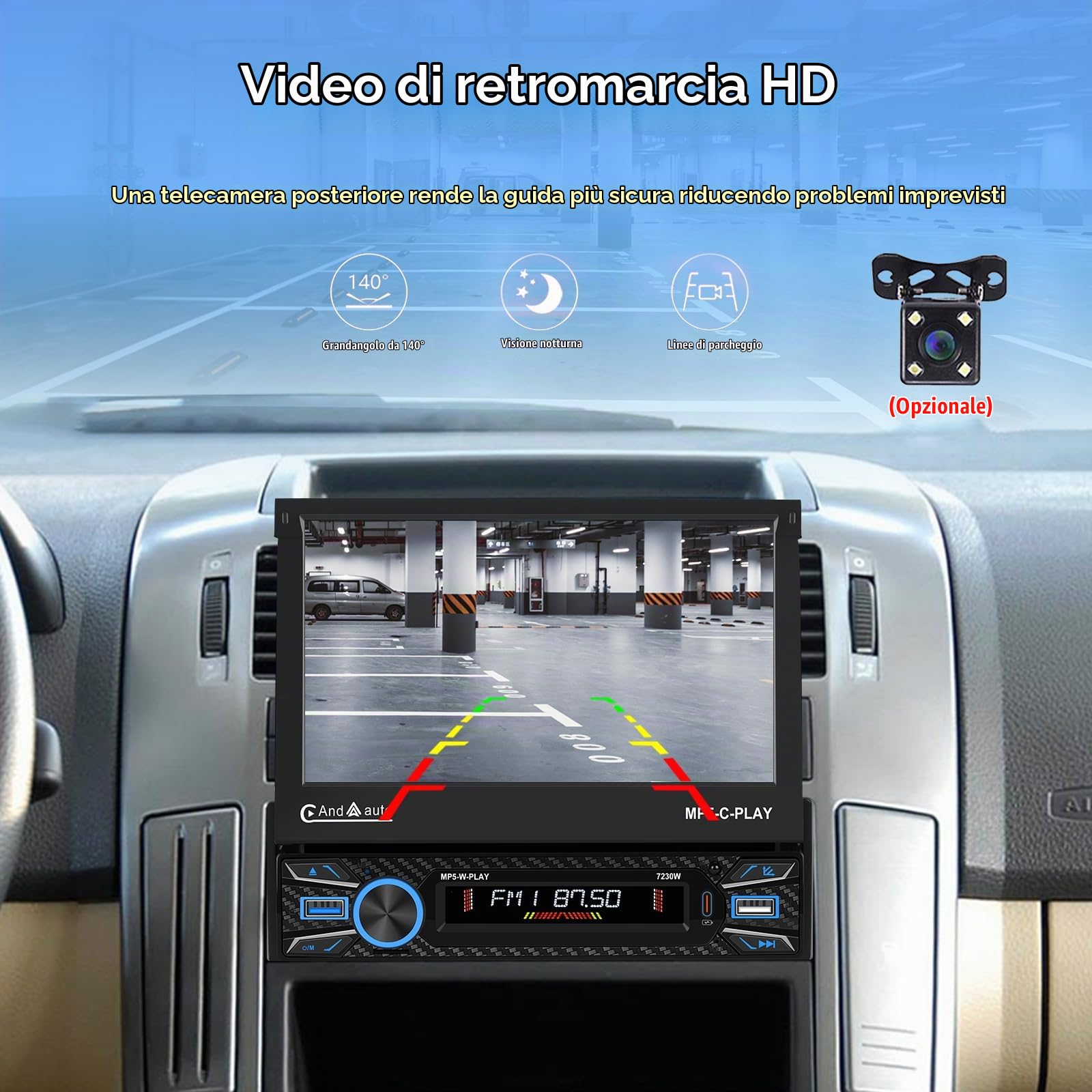 Hikity 7" 1 DIN CarPlay Autoradio con Bluetooth FM Retrocamera