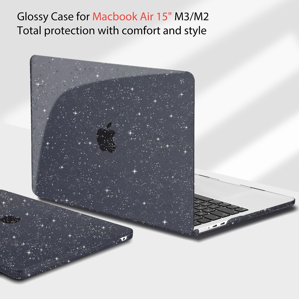 Teryeefi Sparkly Case Compatible with New MacBook Air 15 inch Model A3114/A2941 2023 2024 Release, Plastic Hard Shell with Keyboard Cover + USB Adapter for MacBook Air M2 M3, Glitter Black