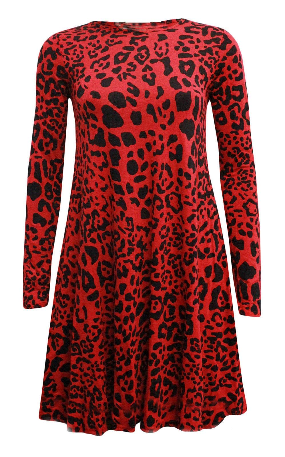 Wearall Women's Red Leopard Plus Size Plain Long Sleeve Stretch Swing Dress Top - 24-26