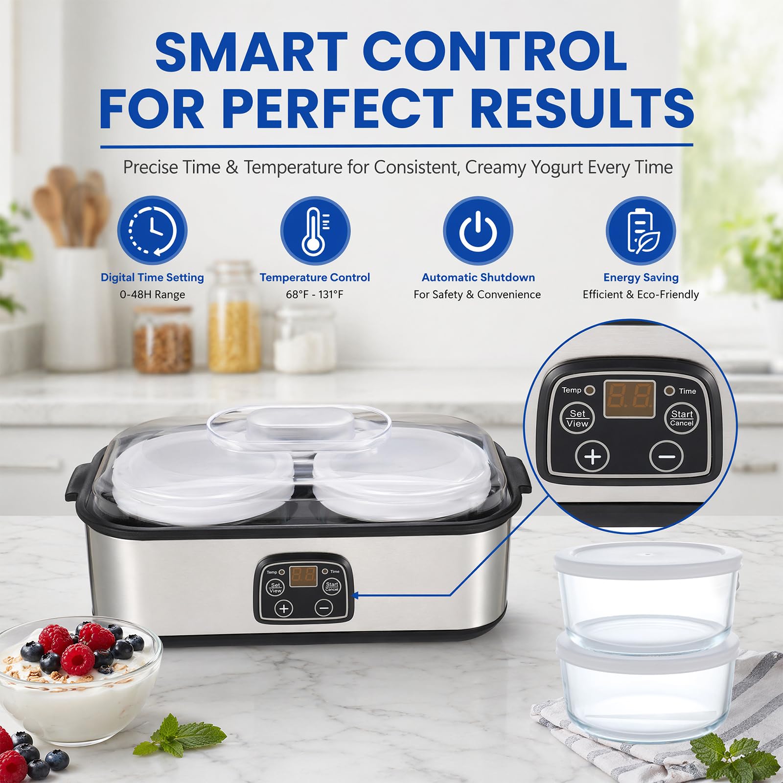 Yaourtière automatique de 2 l, température réglable et minuterie, yaourtière électrique avec affichage LED et 2 verres, pour la préparation de yaourts bio, produits laitiers, fromage, Natto