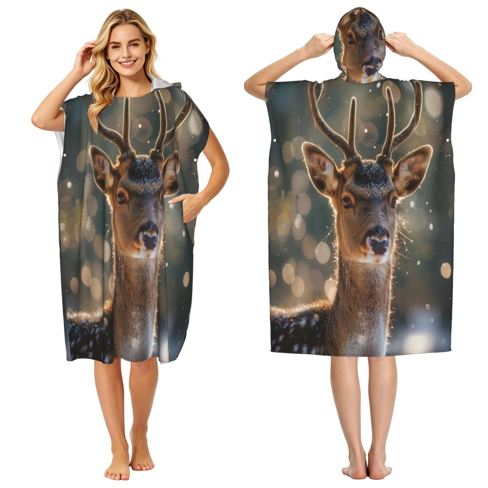 KLGRTJHK Sika Deer Adult Hooded Beach Poncho Towel 43"X35"