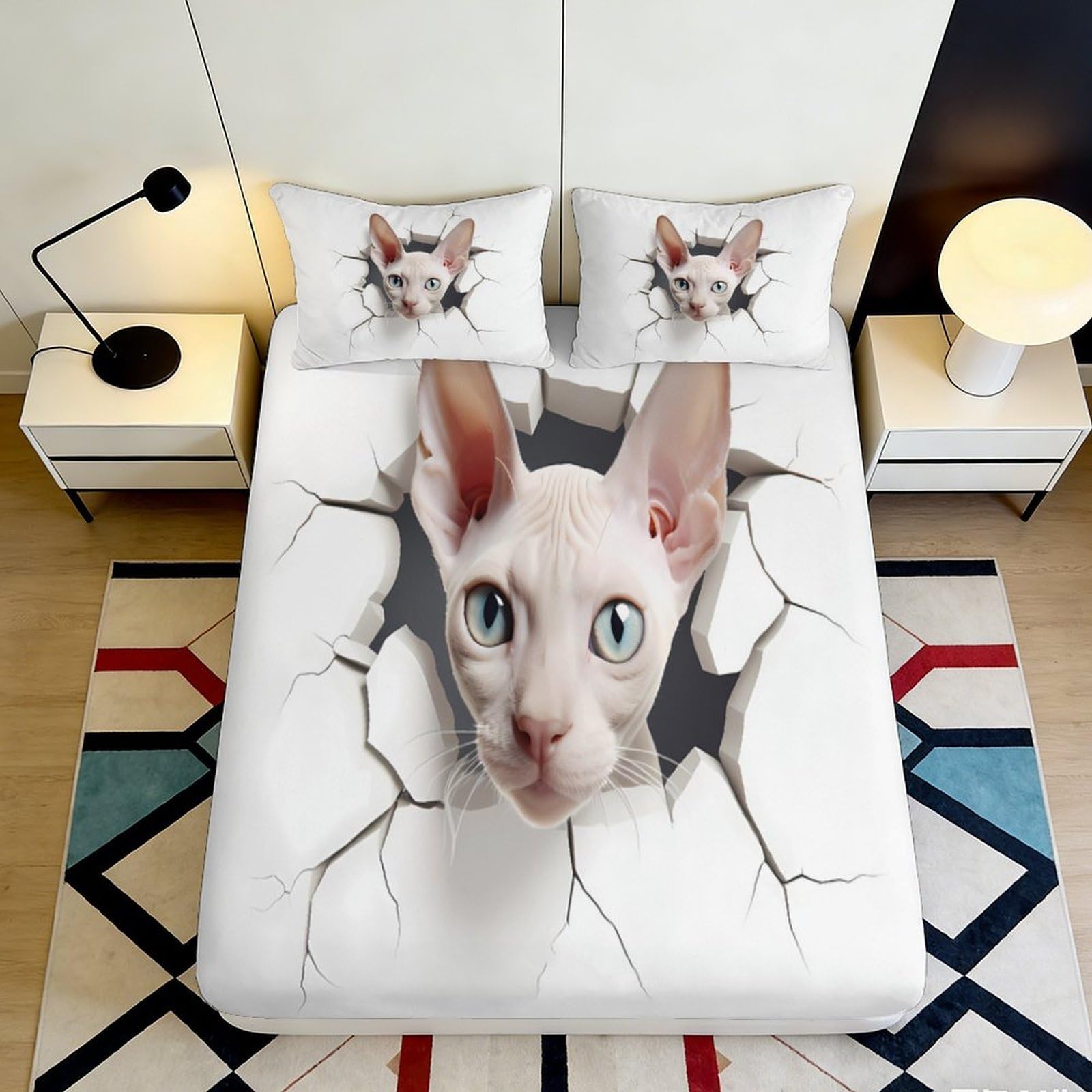 Pnayamiorkfel Style-1 3D Printed Sphynx Cat Fitted Sheet Microfiber Anti-Slip Protection 3D Cracked Wall Bed Cover Bedroom Decor 90X200x25cm