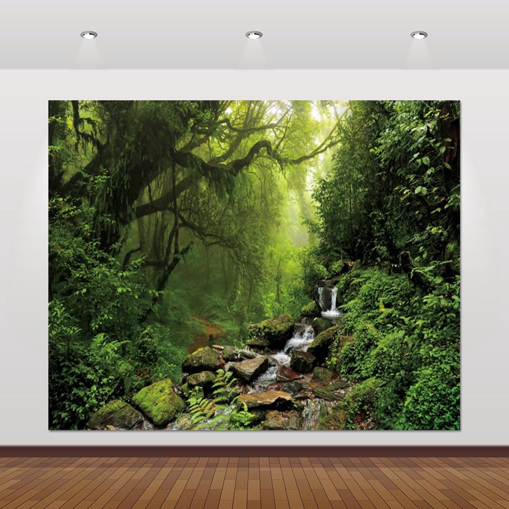 Jungle Forest Backdrop 10x8ft Tropical Rainforest Backdrops for Photography Evergreen Stream Natural Scenery Background Birthday Party Events Banner