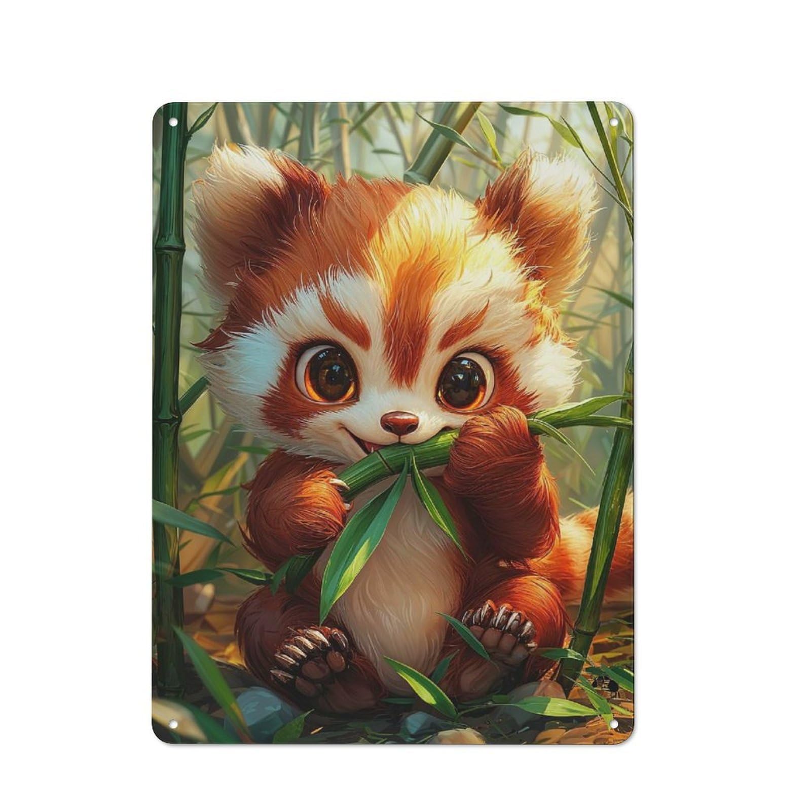 Junmoney Style-7 Cute Red Panda Eating Bamboo Rustic Metal Wall Sign 40X30cm For Bar Or Restaurant, A Decorative Metal Sign For Bars And Restaurants