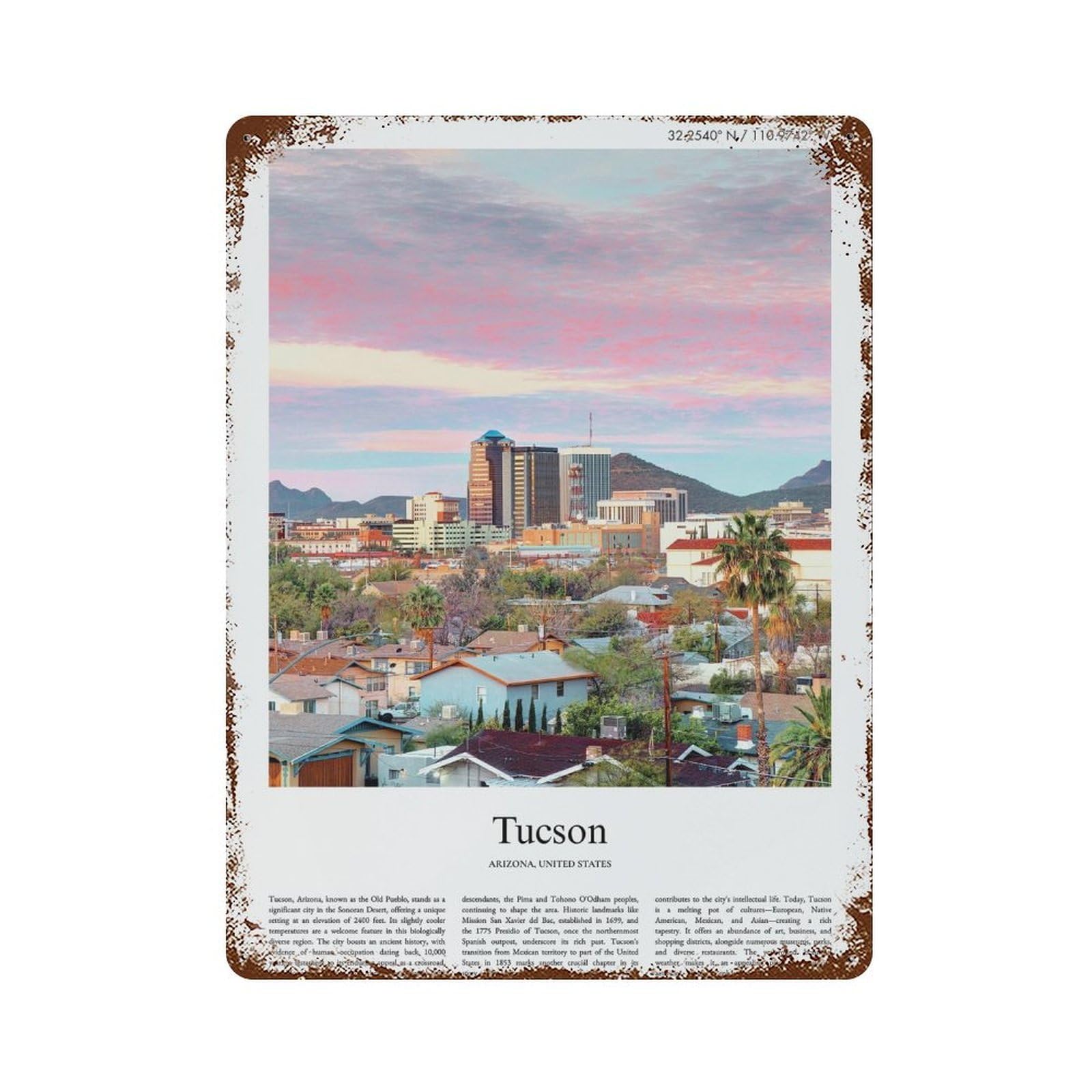xiaoxiaoshen Tucson Arizona, United States, USA City Scenery Wall Decor Art Metal Tin Poster Modern Home Decor Art Home Bar Shop Decorations Vintage Sign 40x30cm