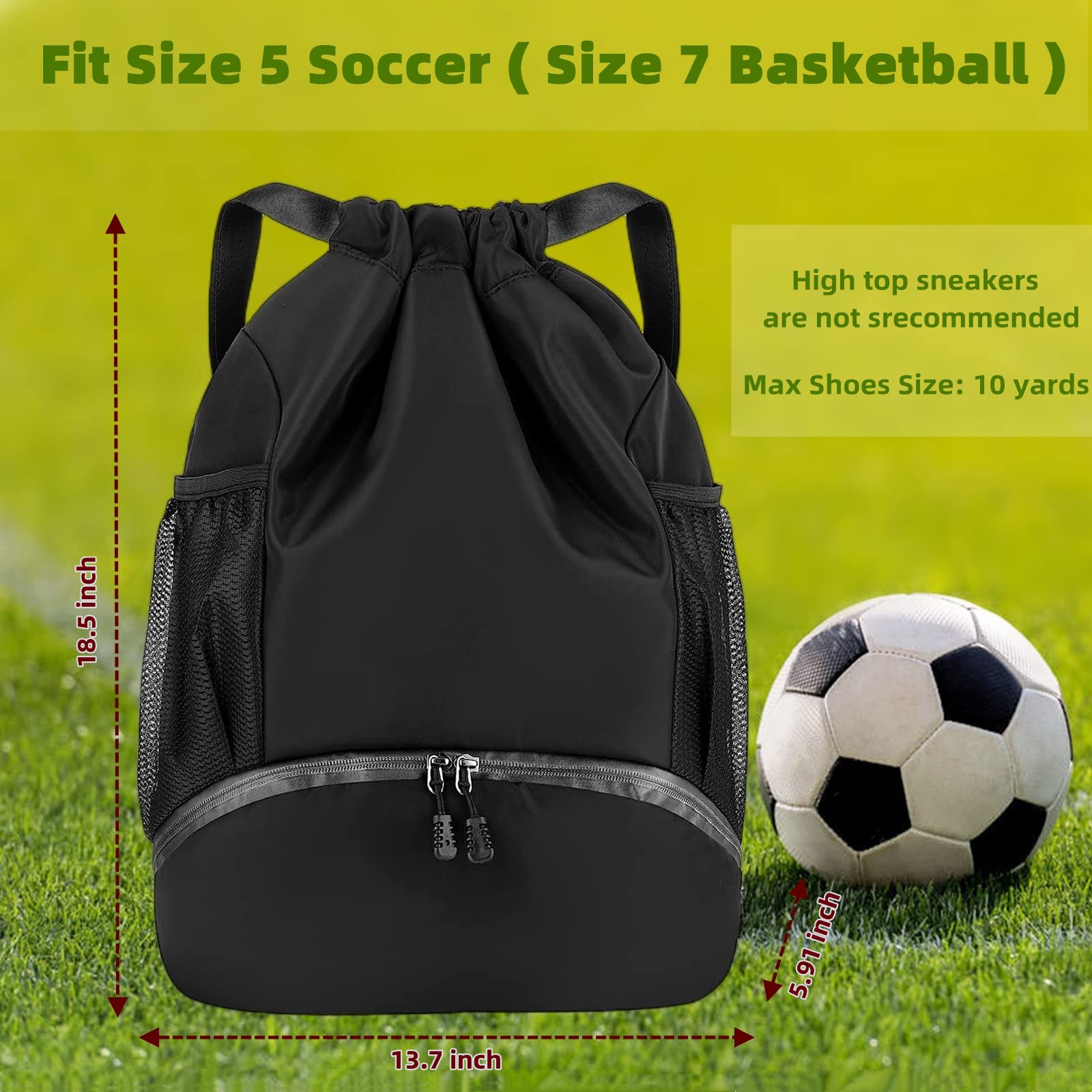 Soccer Bags, Waterproof Drawstring Gym Backpack for Baskestball Rugby Volleyball Yoga, Large Capacity Sports Bag