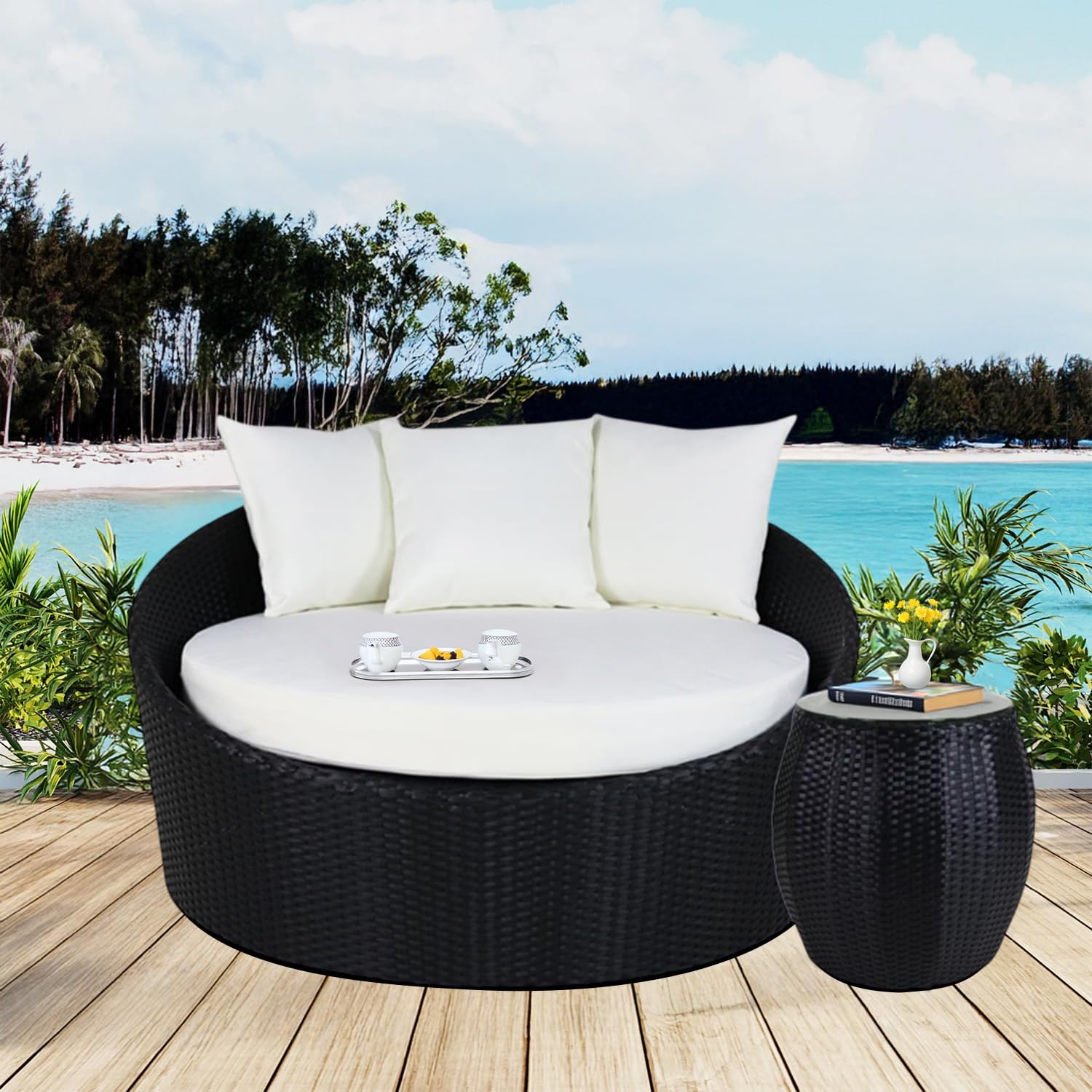 Outdoor Wicker Patio Daybed with Round Glass Top Coffee Table Weather-Resistant Furniture for Poolside, Garden,Balcony(Black & Off-White)