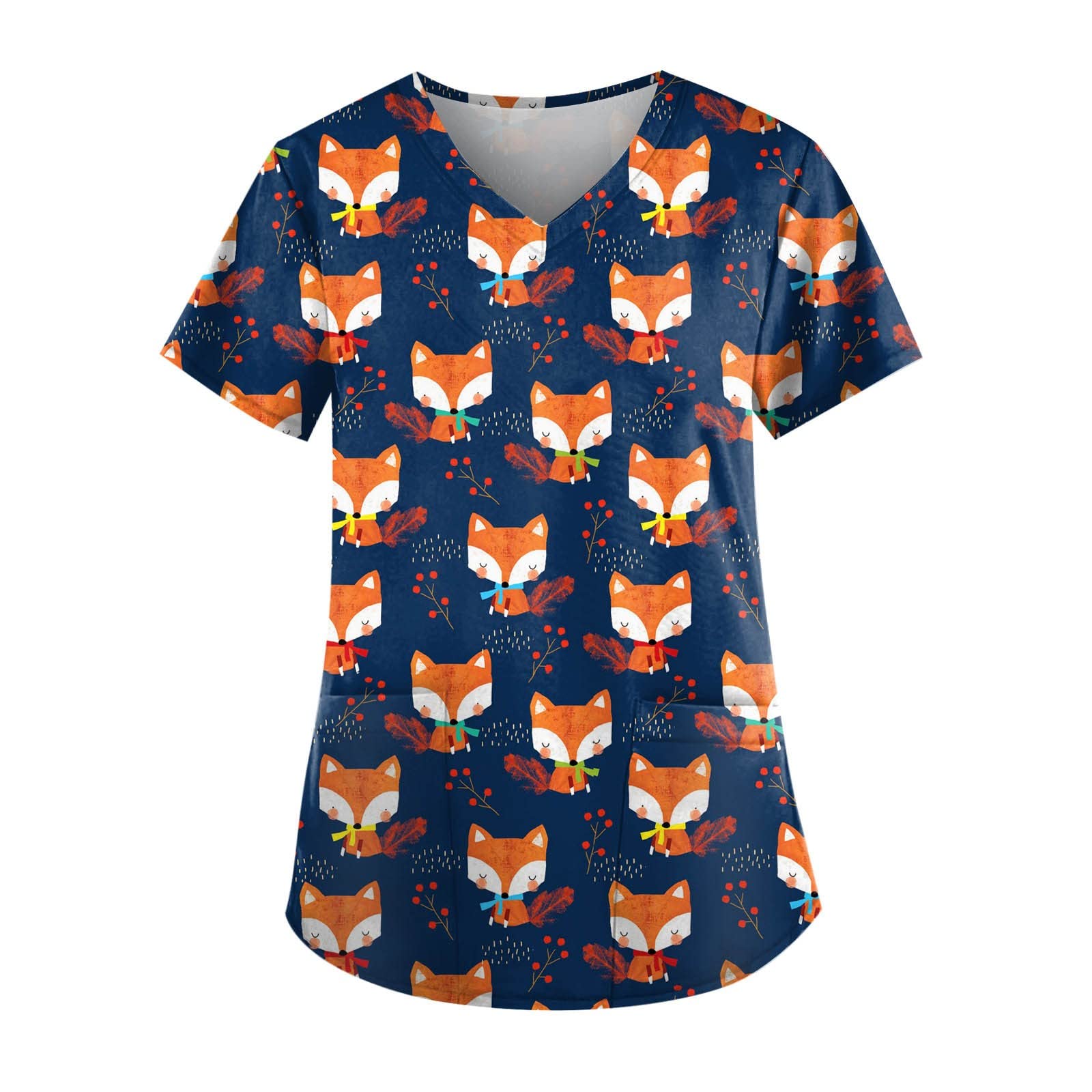GenericWomen Scrub Tops Fashion Print Short Sleeve V Neck Tunic T Shirt Blouse Patterns Uniform with Pocket
