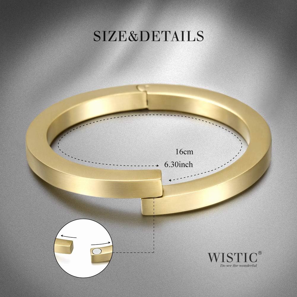 Silver Men's Cuff Bracelets, Black Magnetic Clasps Bangle Bracelet for Men,14K Gold Stainless Steel Metal Cool Antique Retro Open Bracelet for Father Dad Papa, 6.5"-8.0" Inner Circ.