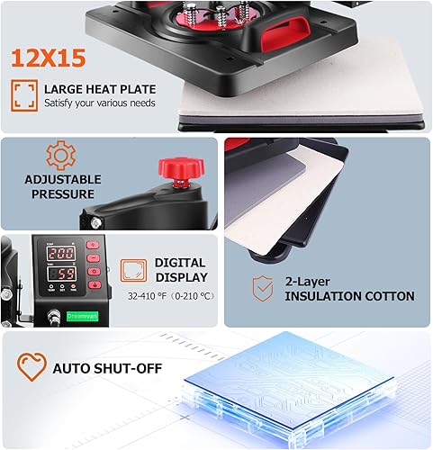 Miniatura 4 de AKEYDIY Pro Heat Press 5 en 1, máquina multifuncional de transferencia de calor de 15 x 12 pulgadas para camisetas, tazas, platos, gorras (rojo 05)