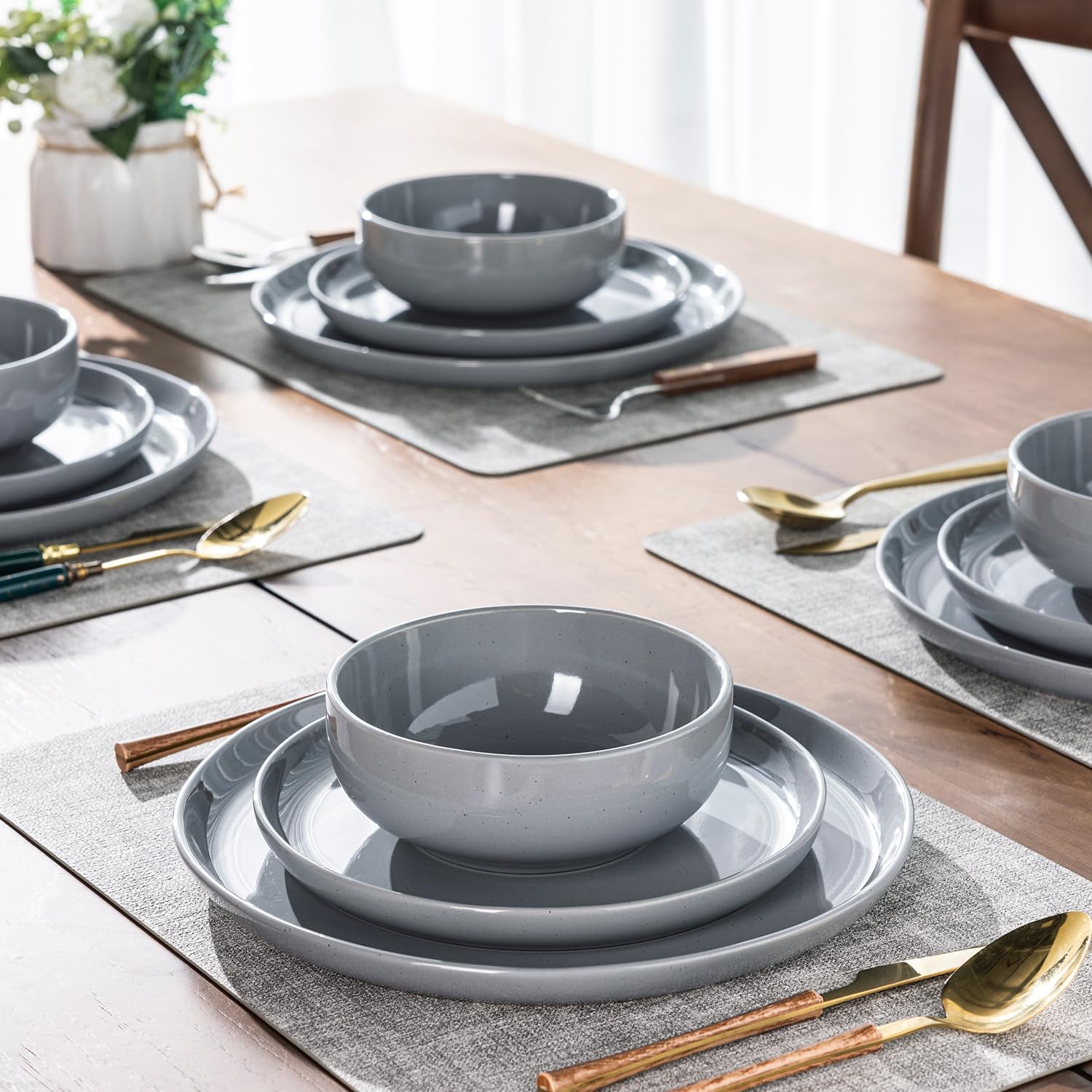 GBHOME GBhome - Juego de vajilla para 4 personas, 12 piezas de platos y cuencos de esmalte moteado, hechos a mano, resistentes a las astillas y a los arañazos (piedra caliza, servicio para 4)