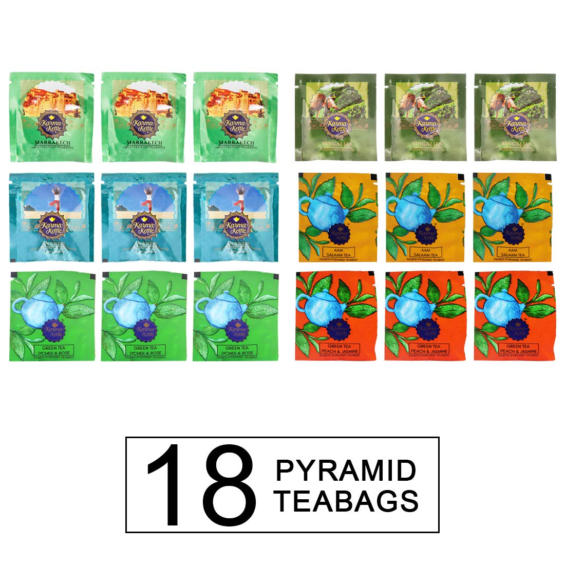 Karma Kettle Antioxidant Rich and Immunity Boosting Green Tea Sampler Box, 3 Tea Bags Each 6 Different Flavour, 18 Pyramid Tea Bags, 40 g - Image 4 thumbnail