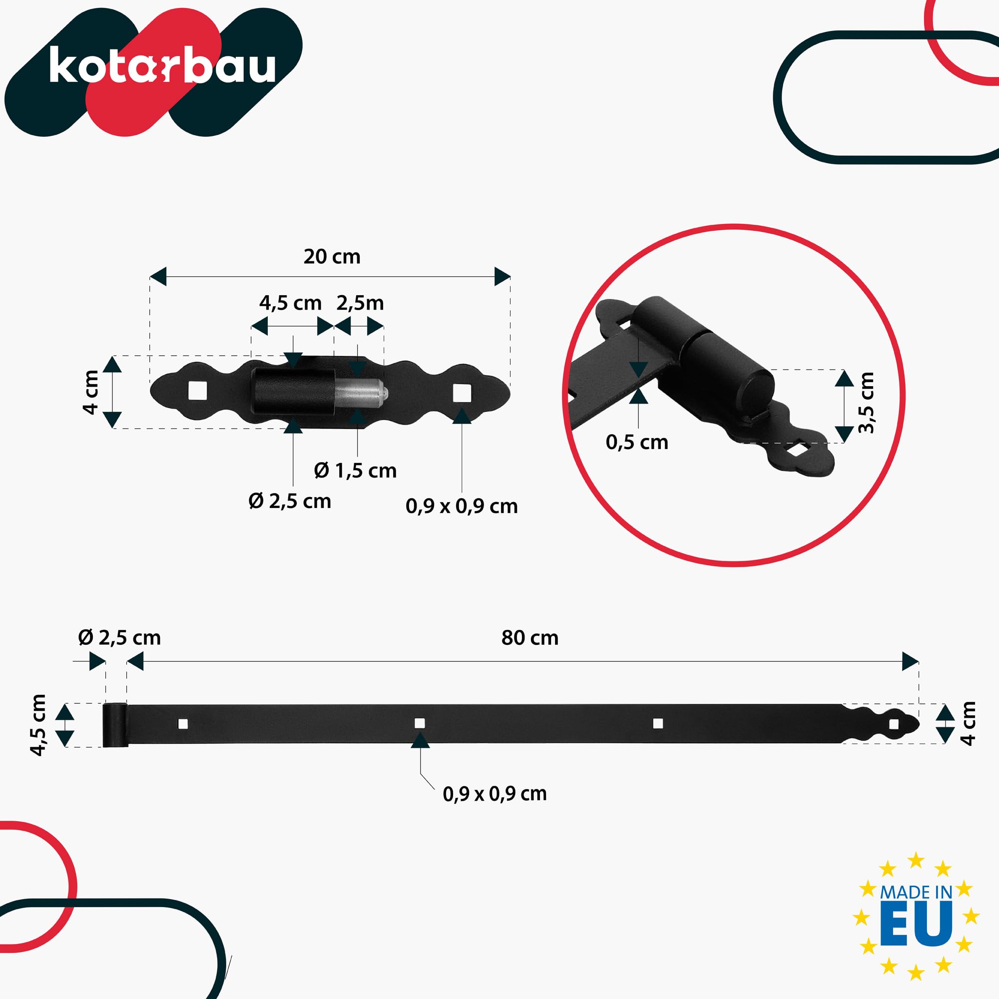 KOTARBAU charnièr de portail avec gonds 800 mm en acier revêtu par pulvérisation avec roulement à billes