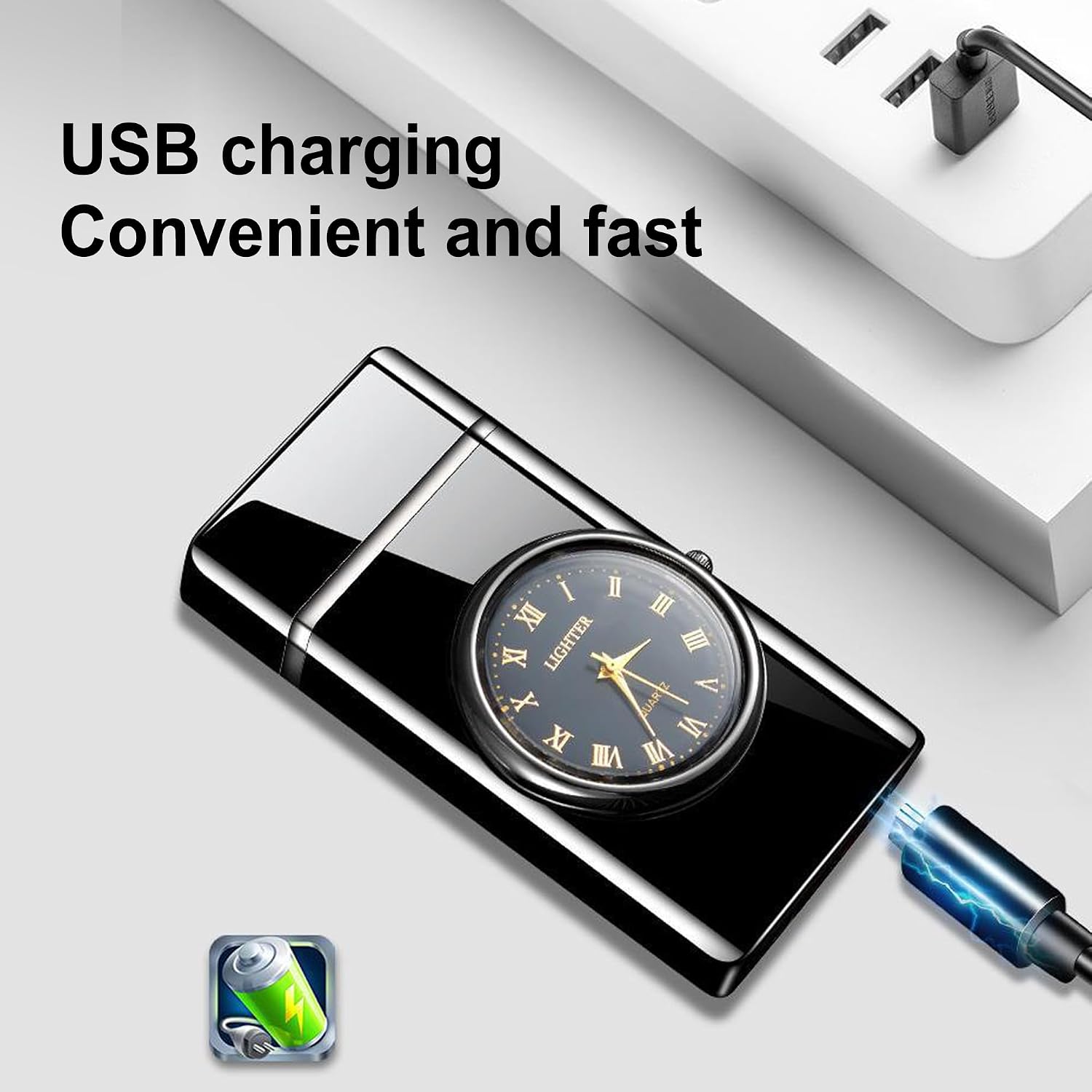Electric Lighter with Clock Dial LED Power Display Plasma Dragon Lighters Windproof USB Rechargeable Lighter Cool Lighte Gifts for Men Women（Black