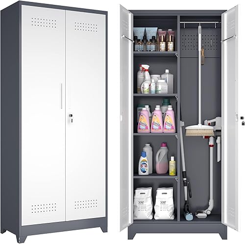 GREATMEET Gabinetes de Almacenamiento de Metal para Garaje de 72.8" H, Gabinete de Almacenamiento de Escobero con Cerradura con Puertas y Estantes,