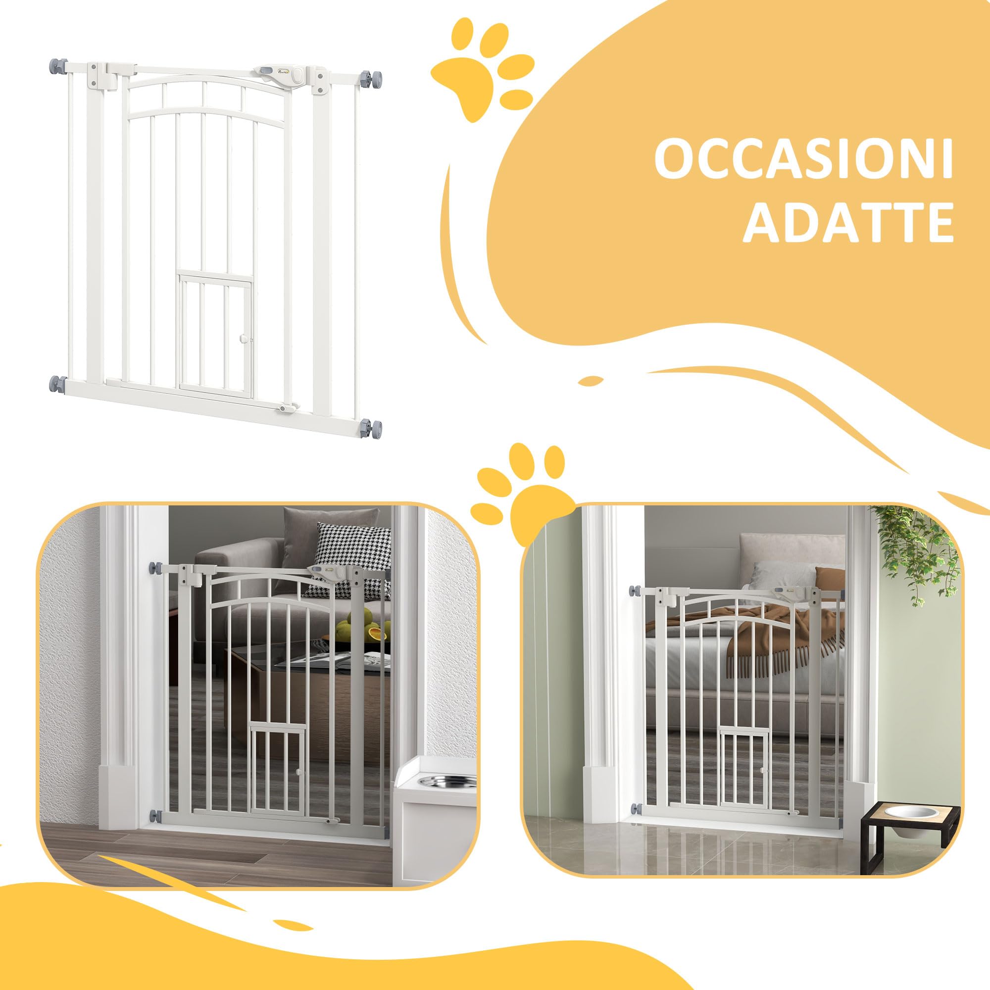 PawHut Cancellino per Cani taglia Piccola e Media Estensibile con Chiusura Automatica, Cancelletto di Sicurezza in Acciaio e PA, 74-80x76 cm, Bianco