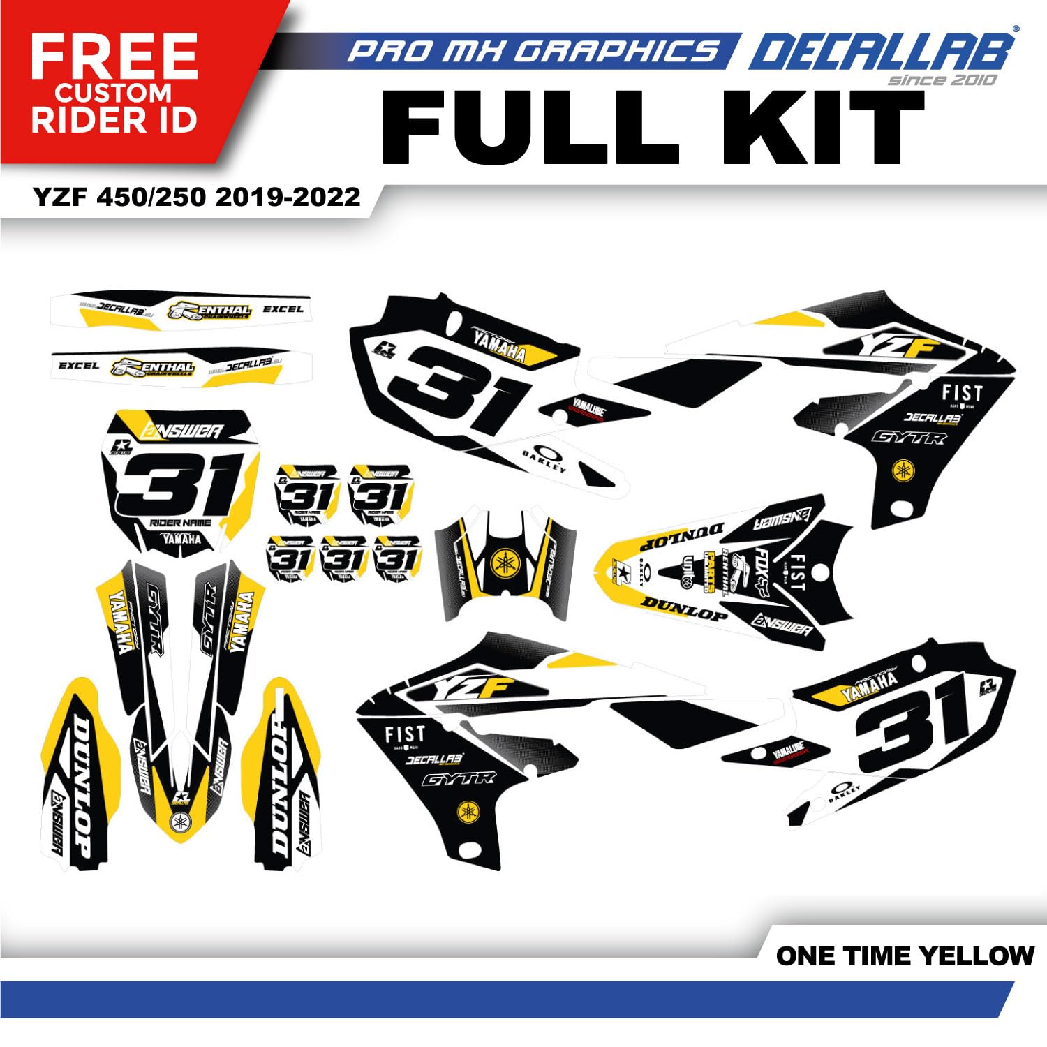 Customizable Personalized Motocross Full Graphics Kit, Complete Professional Dirt Bike Racing Decal Sticker Set for Yamaha YZ250F YZ450F YZF250 YZF450 2018 2019 2020 (Yellow)