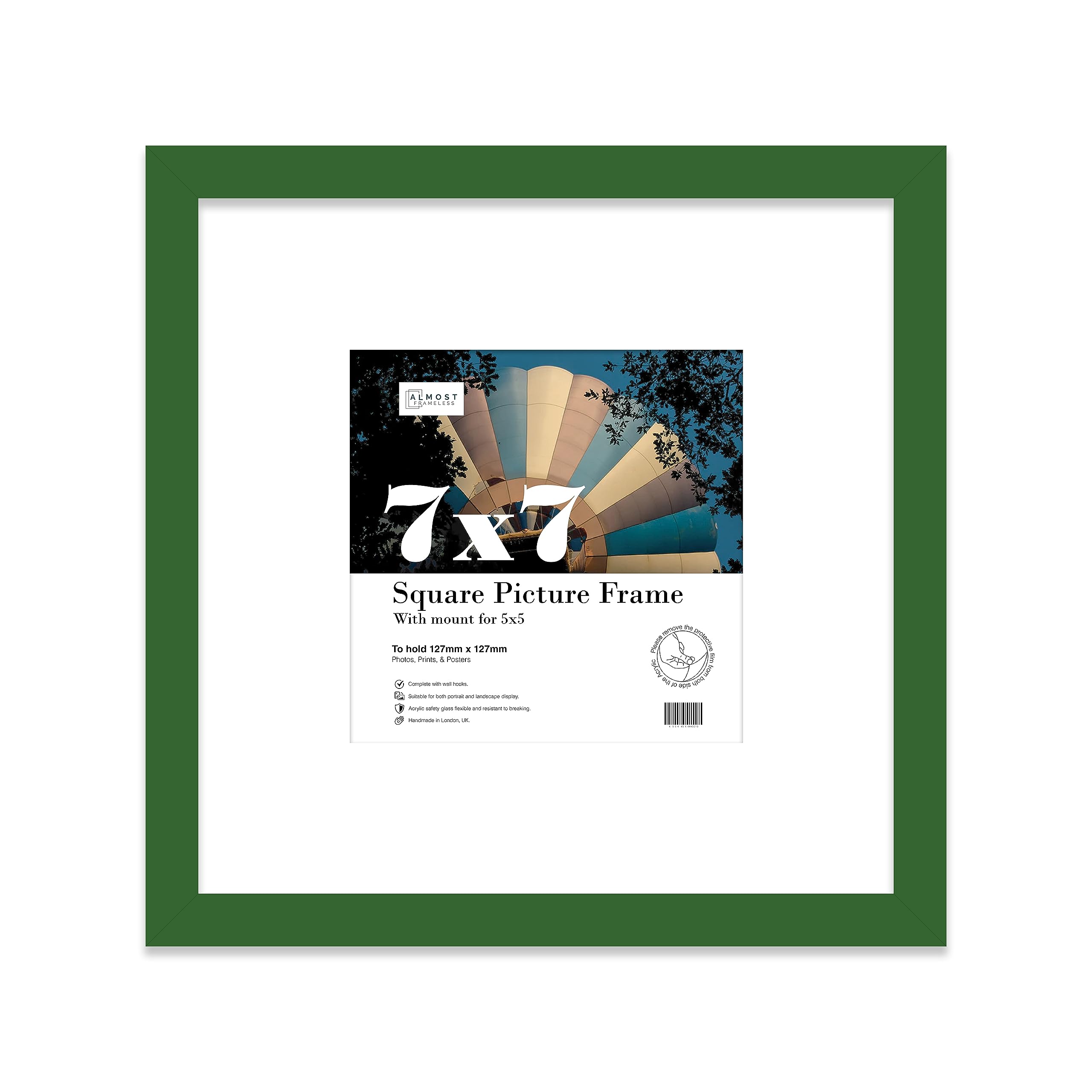 7x7 Green Picture Frame with Mount for 5x5 Photos, Prints - Modern Square Wall Frame, 1 Pack