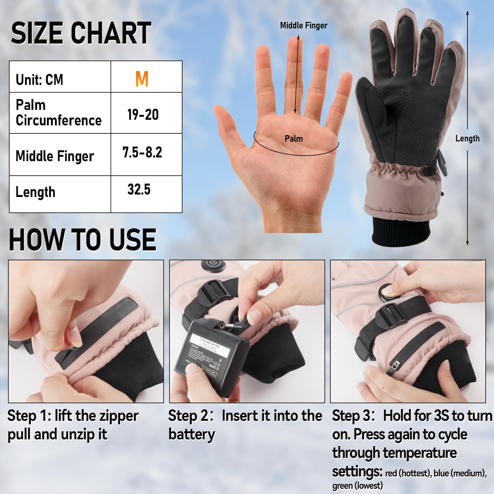 Gants Chauffants pour Homme et Femme, 5000 mAh, Rechargeable, avec écran Tactile, 3 Niveaux 45/50/55 ℃ Gants Chauffants électriques antidérapants pour Cyclisme, Chasse, Ski, Camping