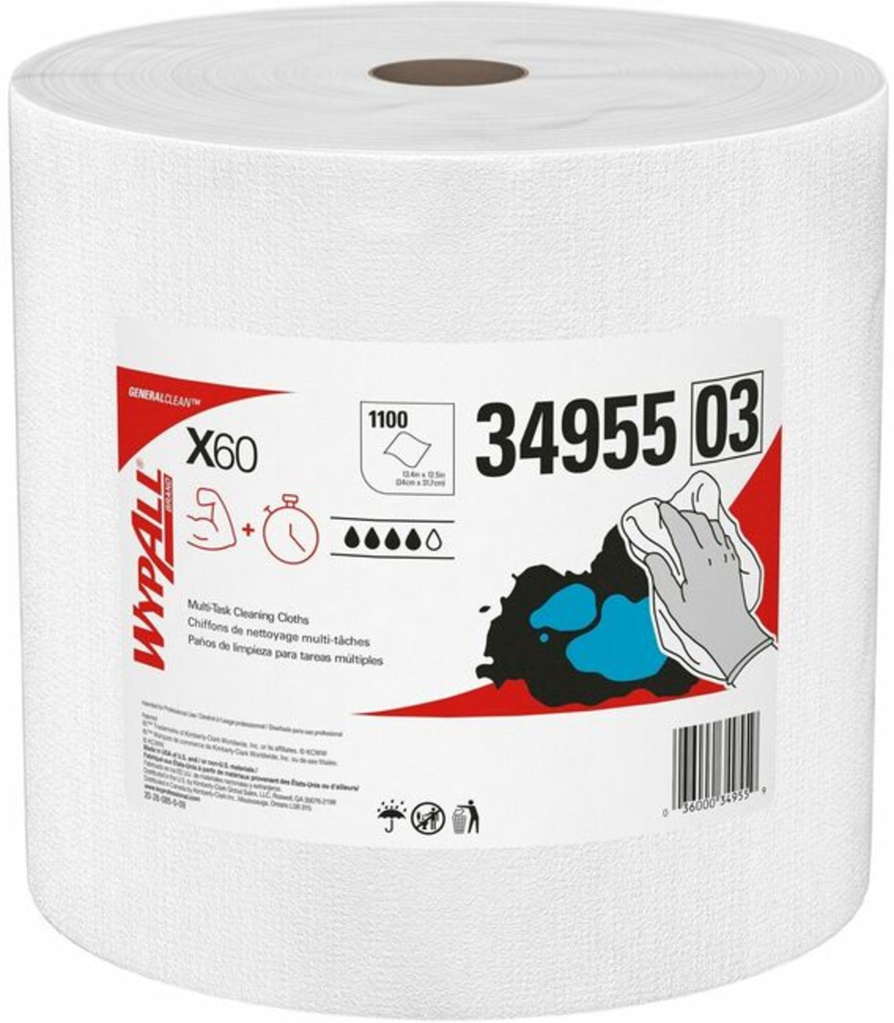 Kimberly 34955 Wypall X60 Wipers Teri Light Weight Jumbo Roll 12.5x13.4 White