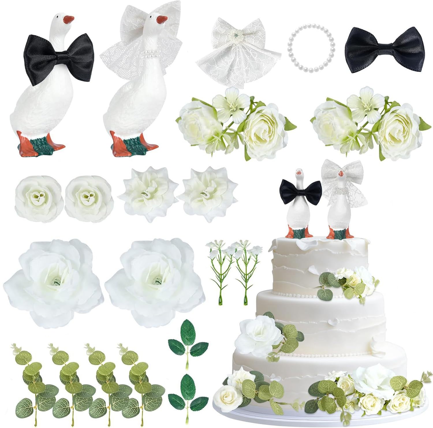 22 Pcs Goose Wedding Cake Topper Set with Roses for Bride Groom