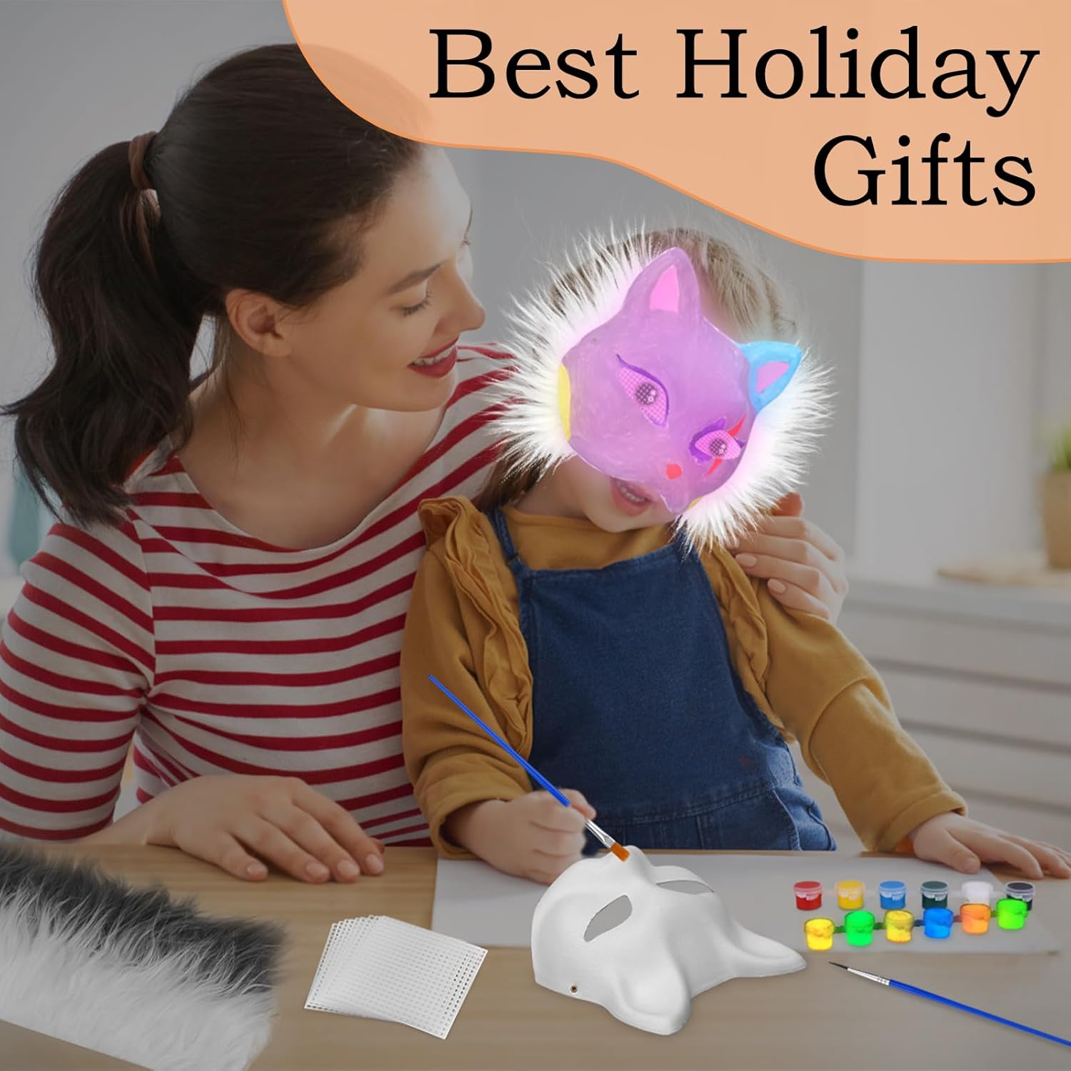 Dreamtop 15Pcs DIY Glow Therian Mask Cat Kit Includes Blank Cat Masks Faux Fur Fabric Plastic Meshes Sheets Glow and Acrylic Paint, Costume Masks for Halloween Masquerade Cosplay Party